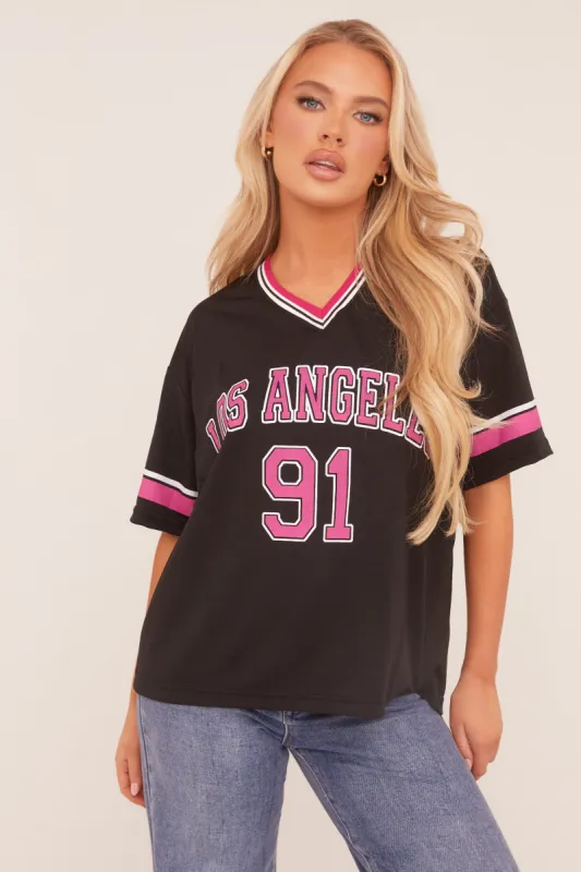 Black Oversized Varsity Football T-shirt - Austin sold by Rebellious Fashion