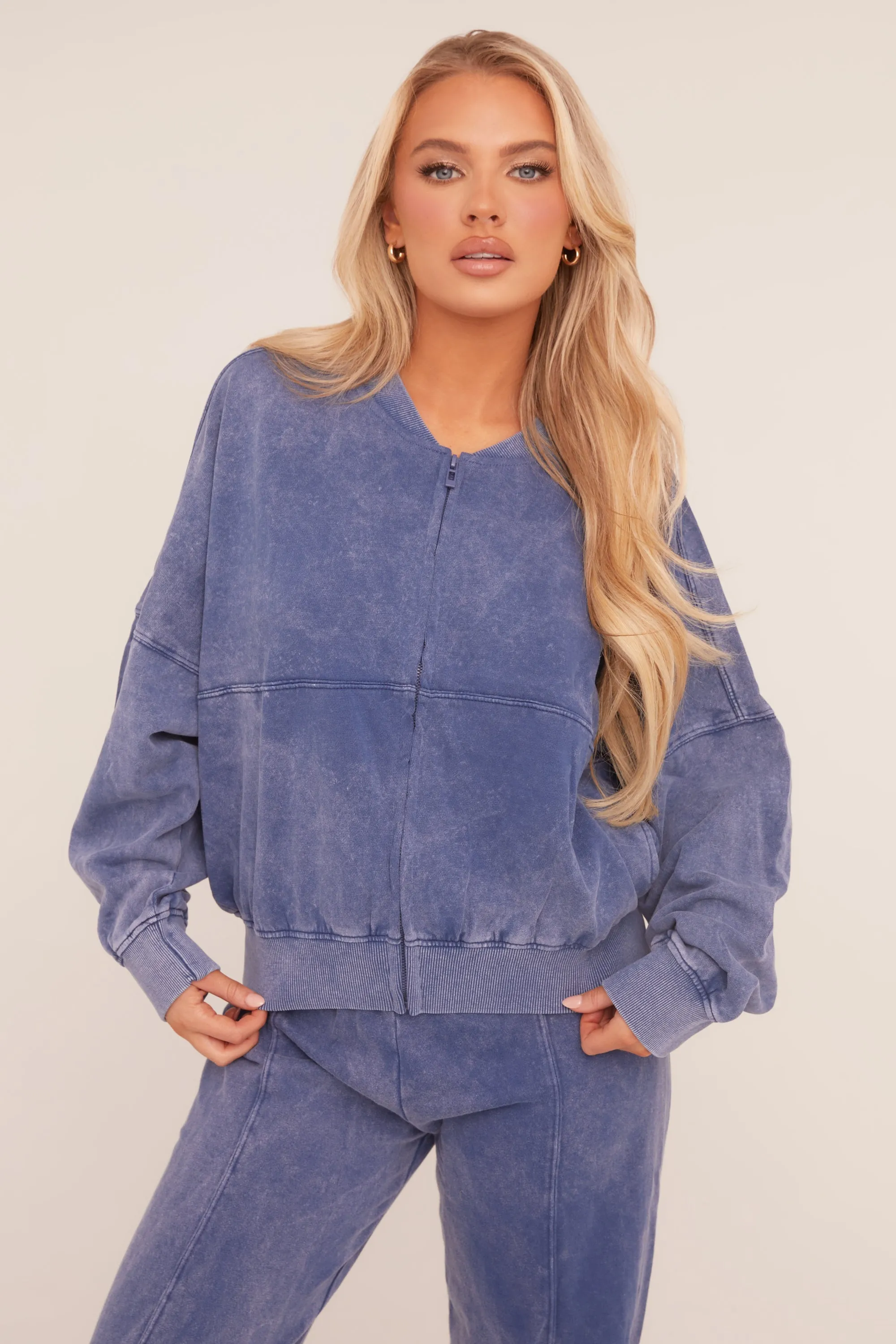 Blue Washed Effect Zip Front Bomber & Joggers Loungewear Co-ord Set - Kamila sold by Rebellious Fashion product image thumbnail 4