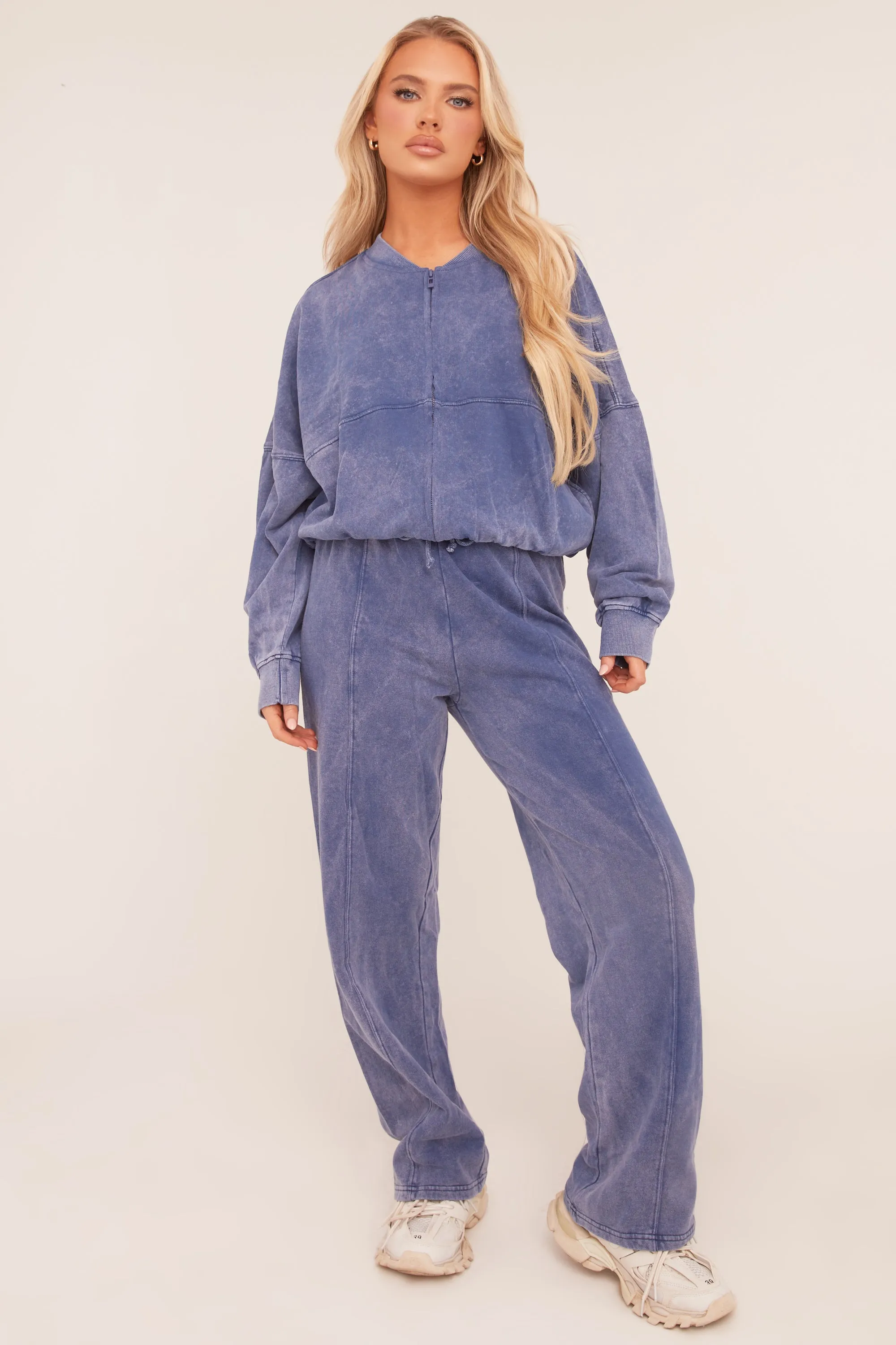 Blue Washed Effect Zip Front Bomber & Joggers Loungewear Co-ord Set - Kamila sold by Rebellious Fashion product image thumbnail 2