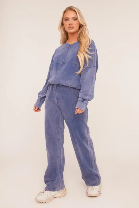 Blue Washed Effect Zip Front Bomber & Joggers Loungewear Co-ord Set - Kamila sold by Rebellious Fashion