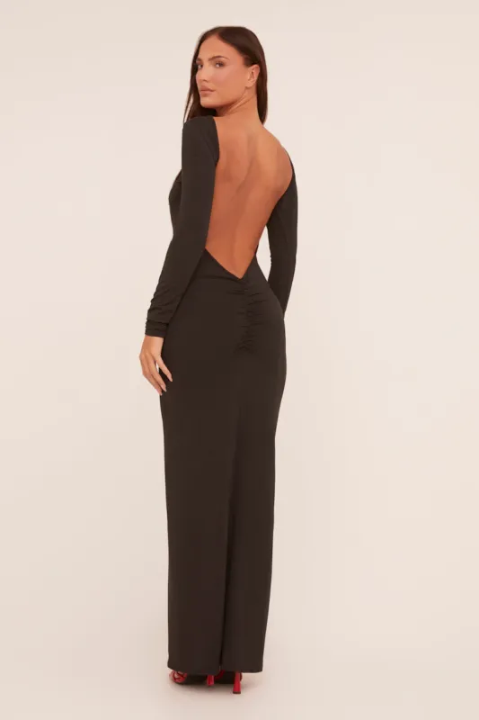 Black Ruched Backless Maxi Dress - Rowan sold by Rebellious Fashion