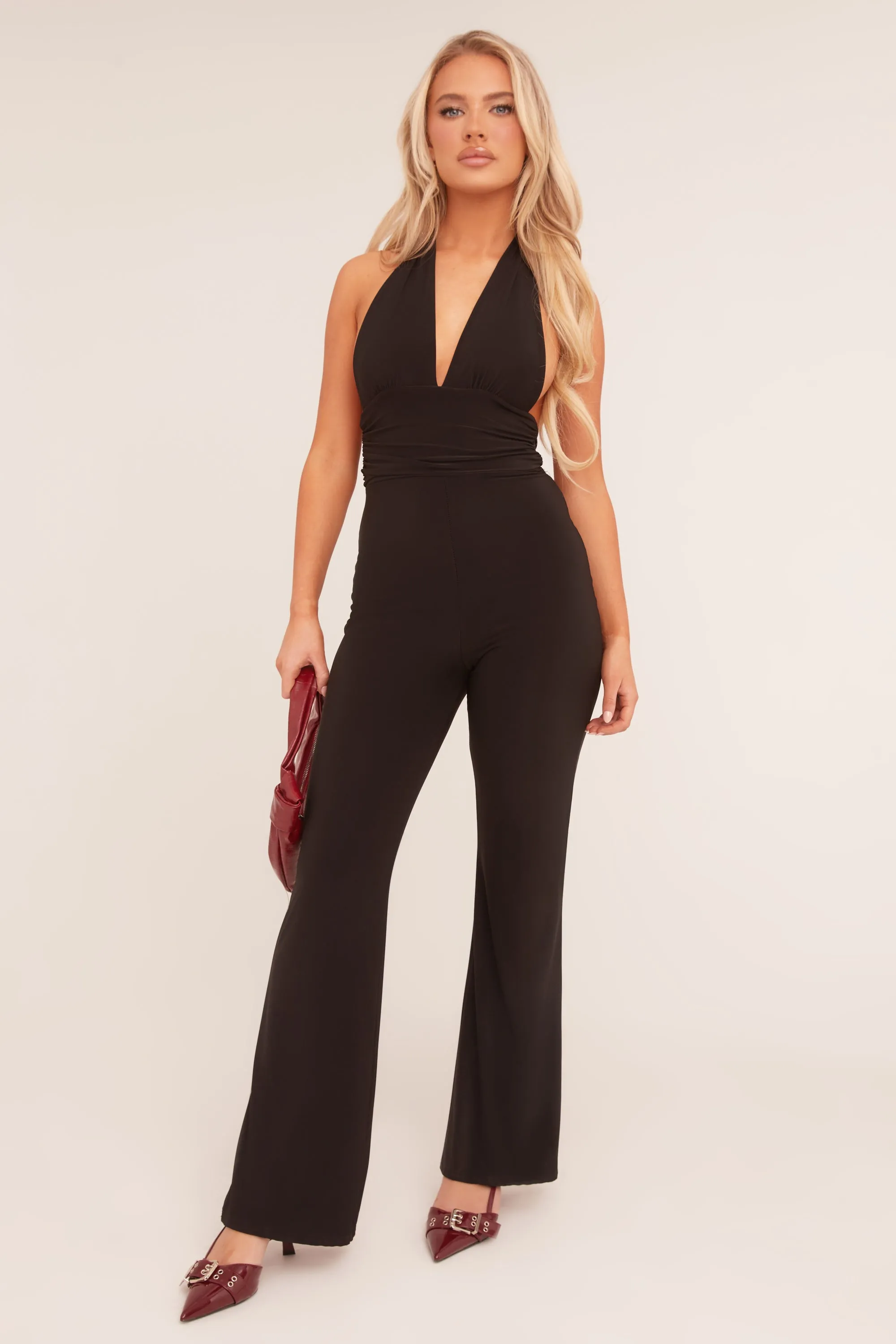 Black Plunge Halter Neck Flared Jumpsuit - Brielle sold by Rebellious Fashion product image thumbnail 3
