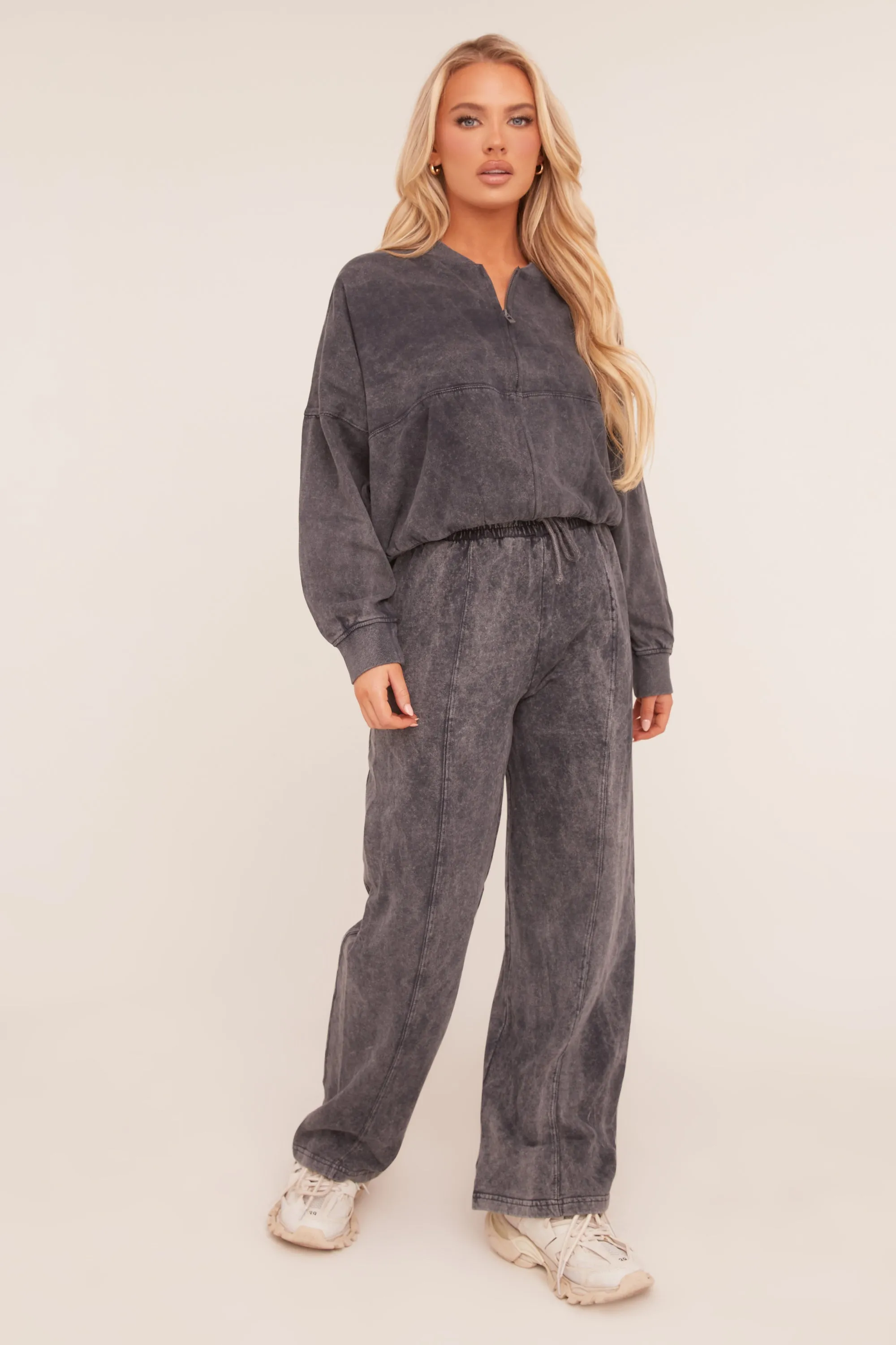Charcoal Acid Wash Bomber and Wide Leg Jogger Loungewear Co-ord Set - Macay sold by Rebellious Fashion