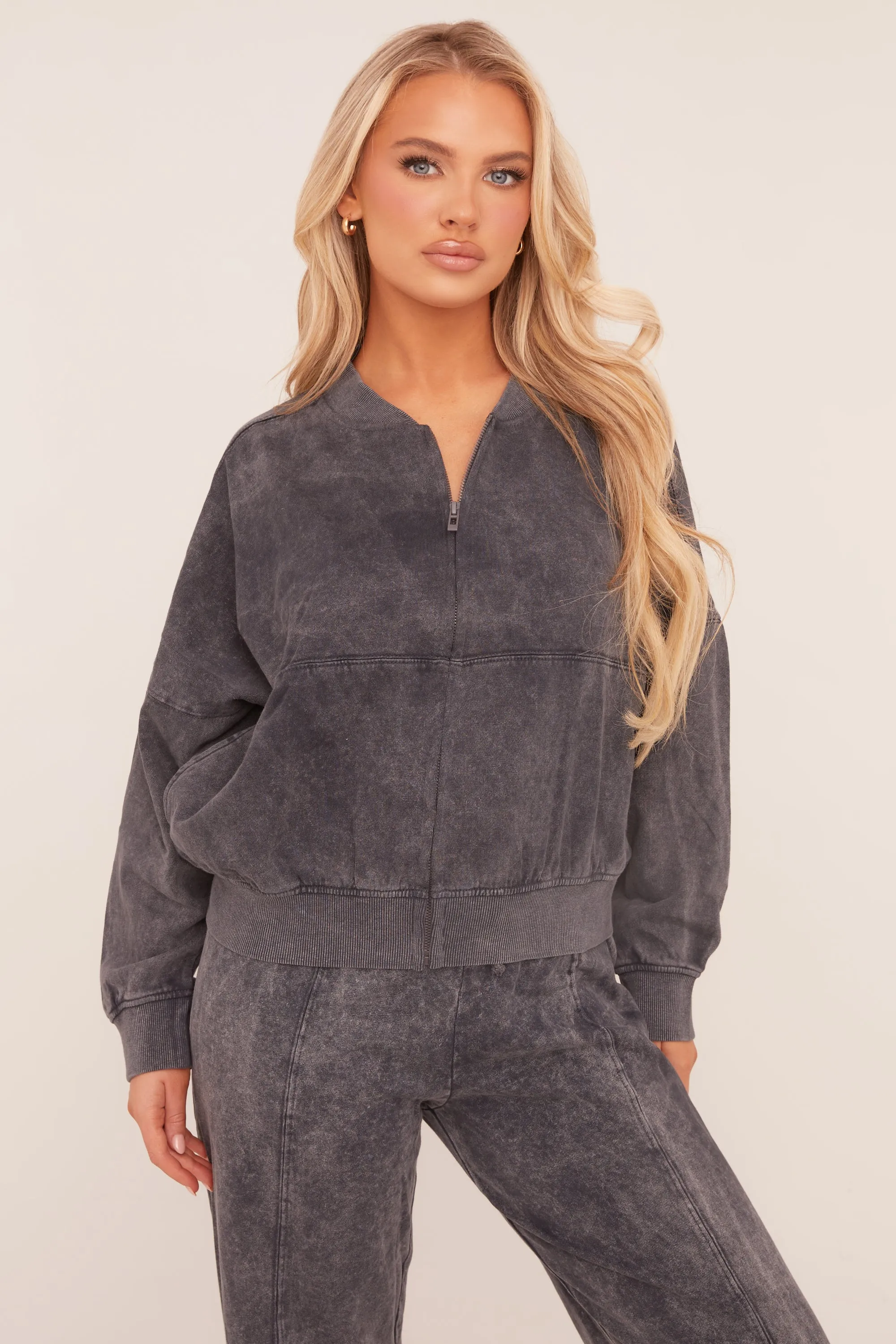 Charcoal Acid Wash Bomber and Wide Leg Jogger Loungewear Co-ord Set - Macay sold by Rebellious Fashion product image thumbnail 3