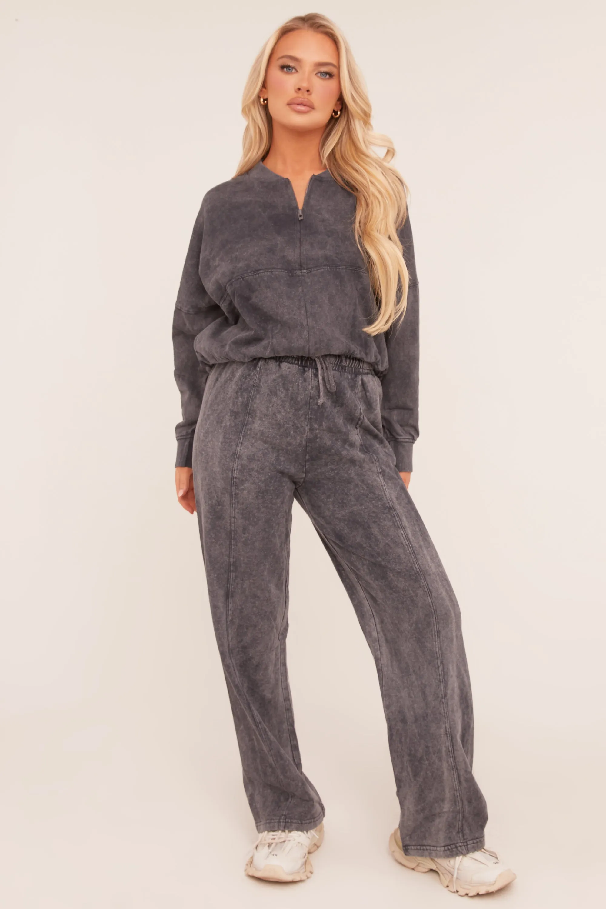 Charcoal Acid Wash Bomber and Wide Leg Jogger Loungewear Co-ord Set - Macay sold by Rebellious Fashion product image thumbnail 2