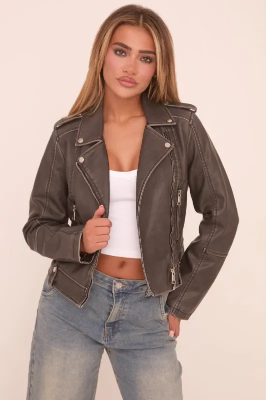 Charcoal Faux Leather Longline Biker Jacket - Chelsea sold by Rebellious Fashion