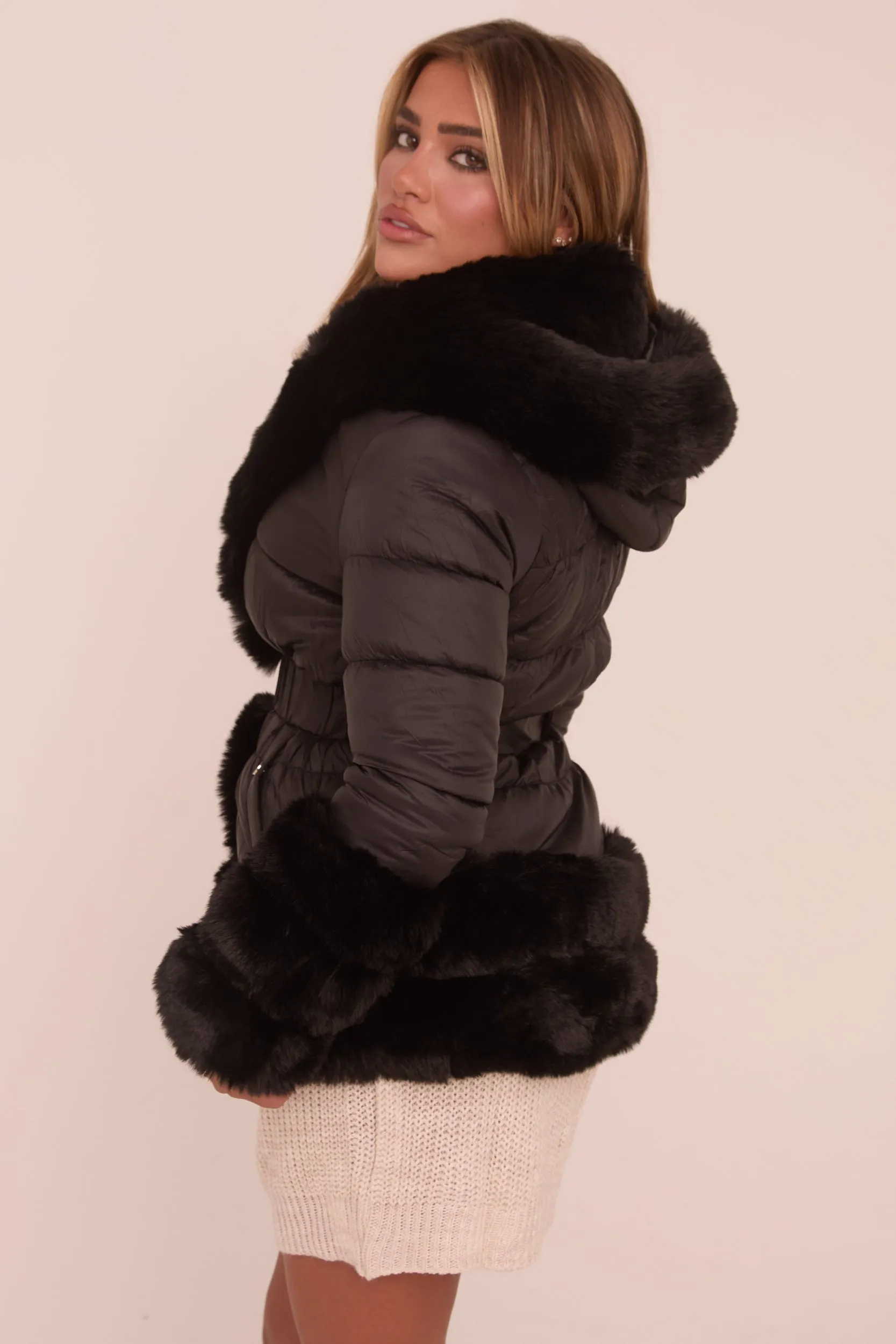 Black Faux Fur Trim Hooded Puffer Coat - Jane sold by Rebellious Fashion product image thumbnail 5
