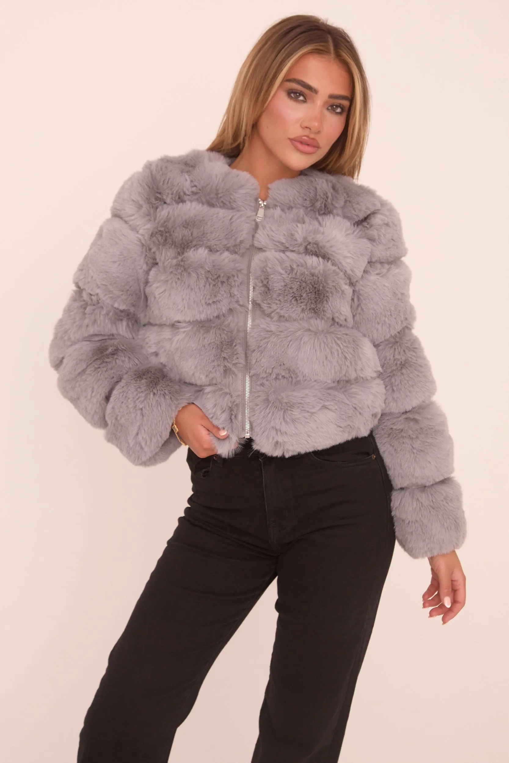 Grey Faux Fur Cropped Coat - Heaven sold by Rebellious Fashion product image thumbnail 3