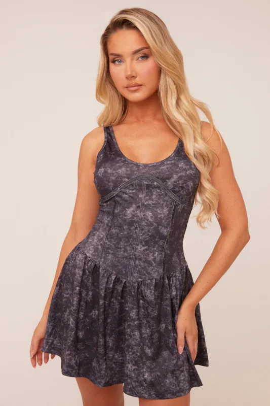 Grey Acid Wash Corset Detail Mini Dress - Mary sold by Rebellious Fashion