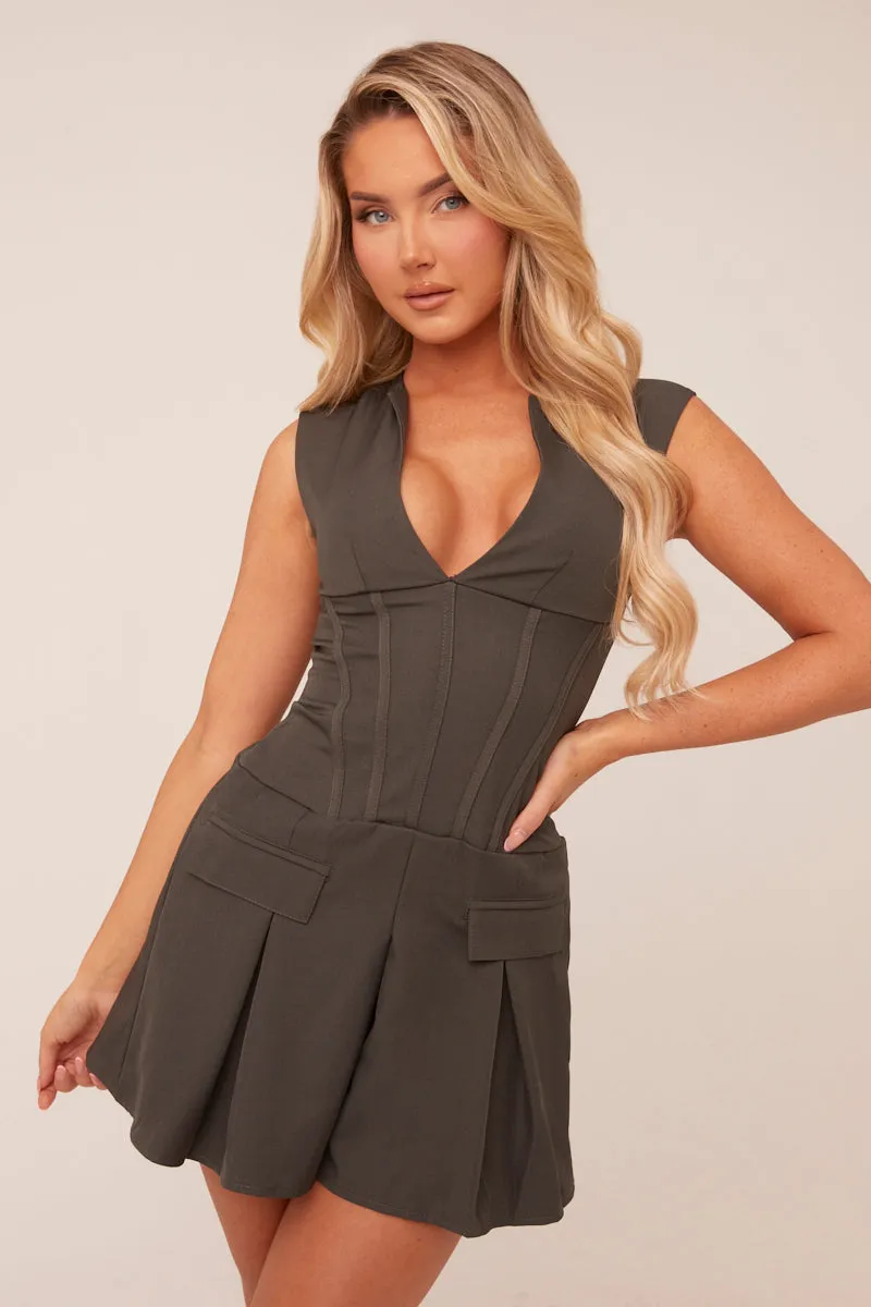 Charcoal Corset Detail Pleated Hem Mini Dress - Neriah sold by Rebellious Fashion product image thumbnail 3