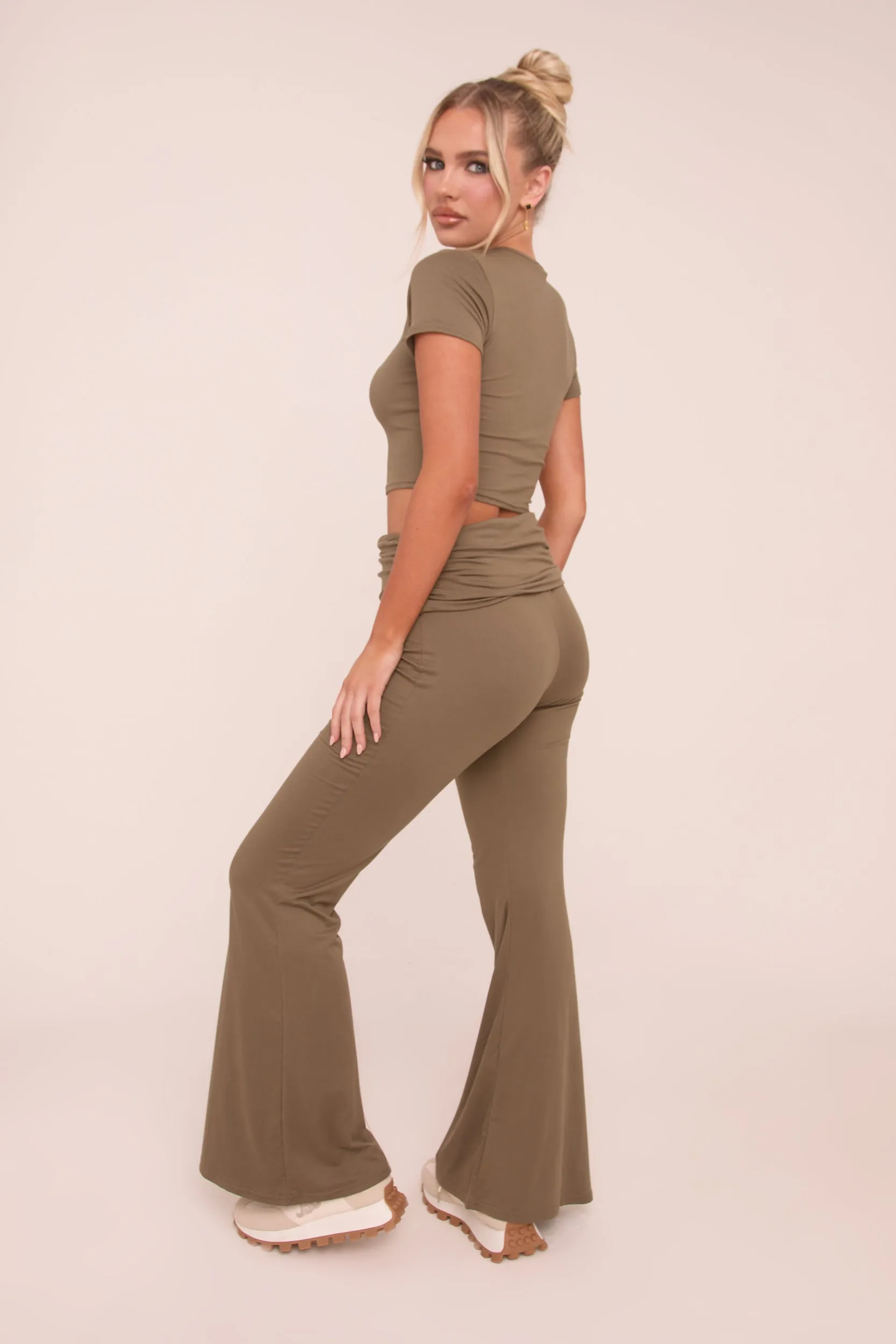 Khaki Round Neck Cropped Top & Flared Leg Trousers Co-ord - Charlett sold by Rebellious Fashion product image thumbnail 5