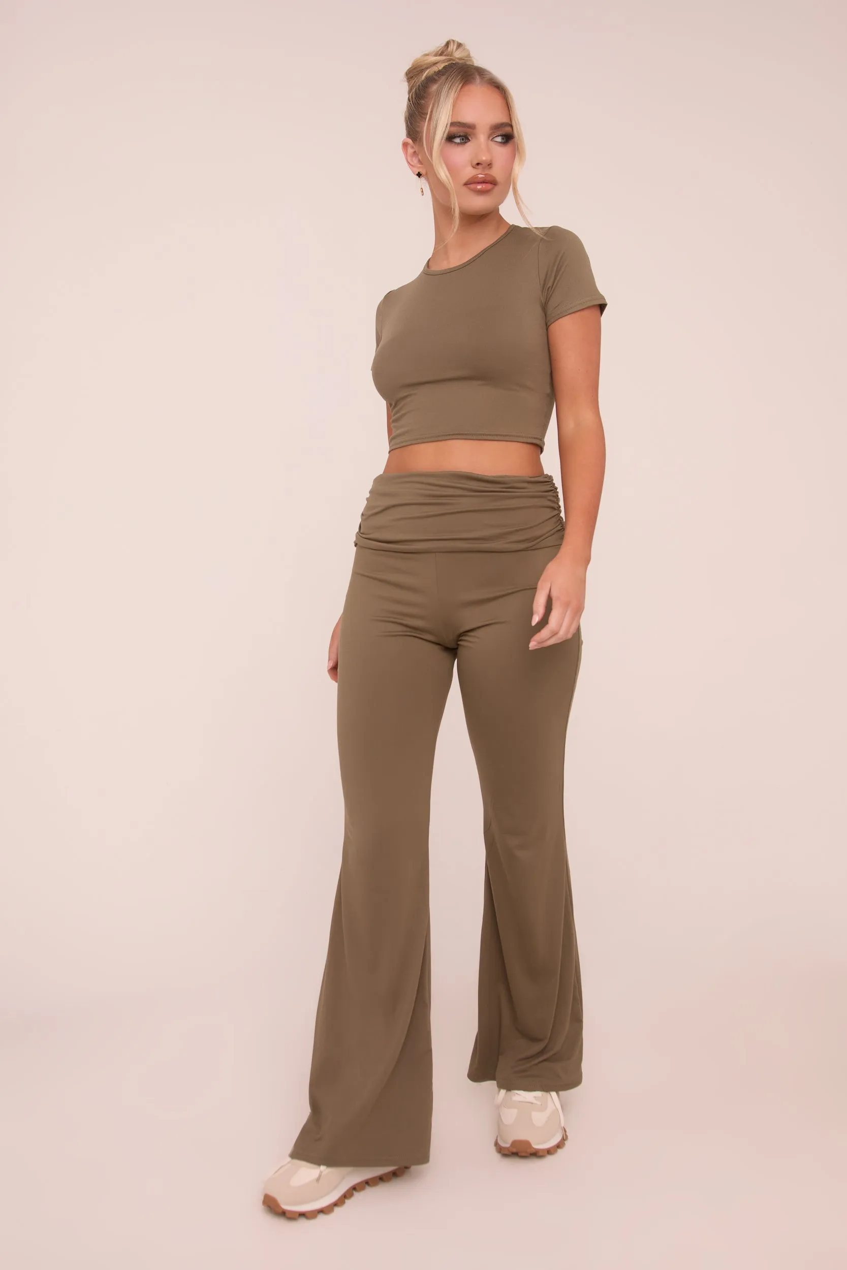 Khaki Round Neck Cropped Top & Flared Leg Trousers Co-ord - Charlett sold by Rebellious Fashion