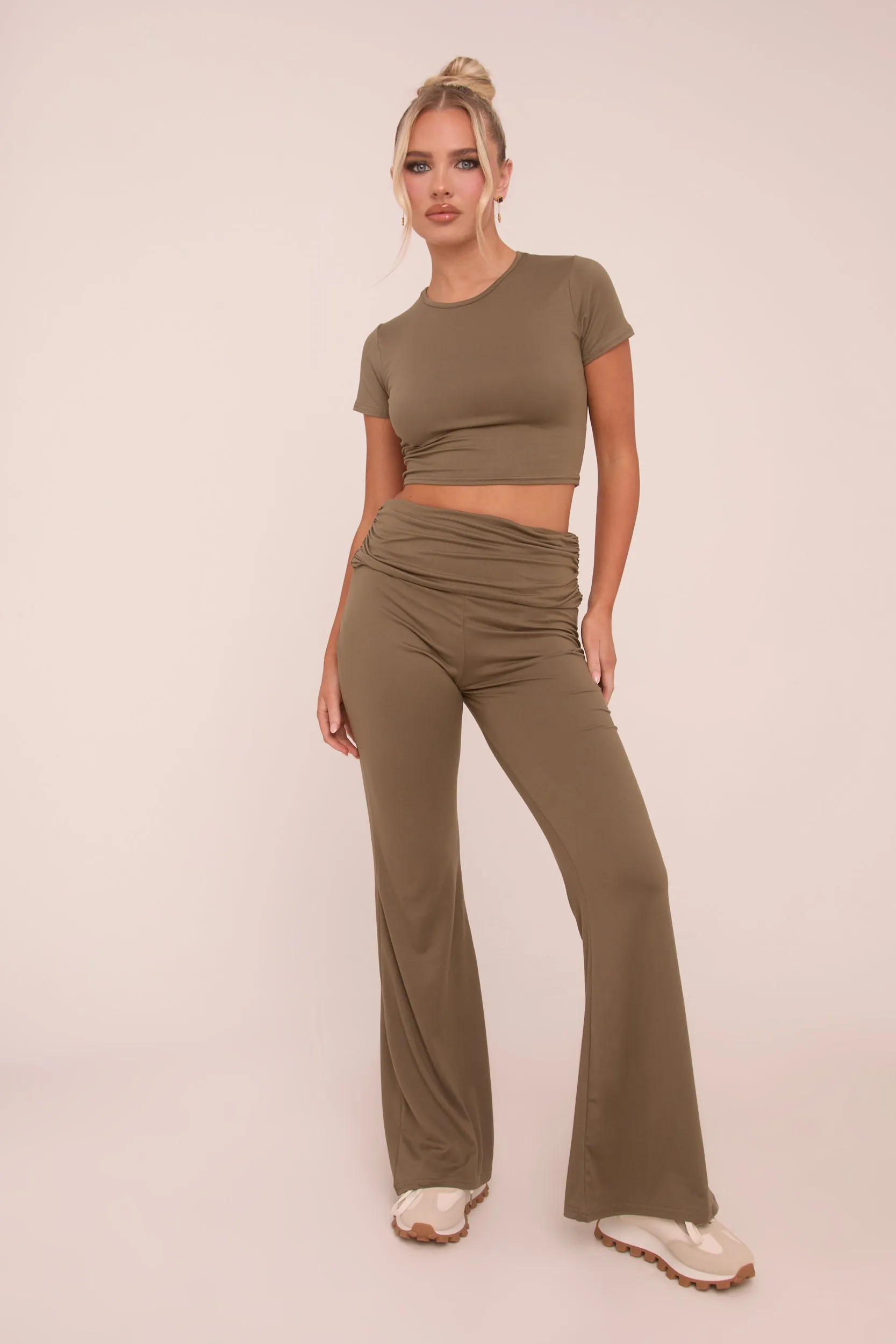 Khaki Round Neck Cropped Top & Flared Leg Trousers Co-ord - Charlett sold by Rebellious Fashion product image thumbnail 2