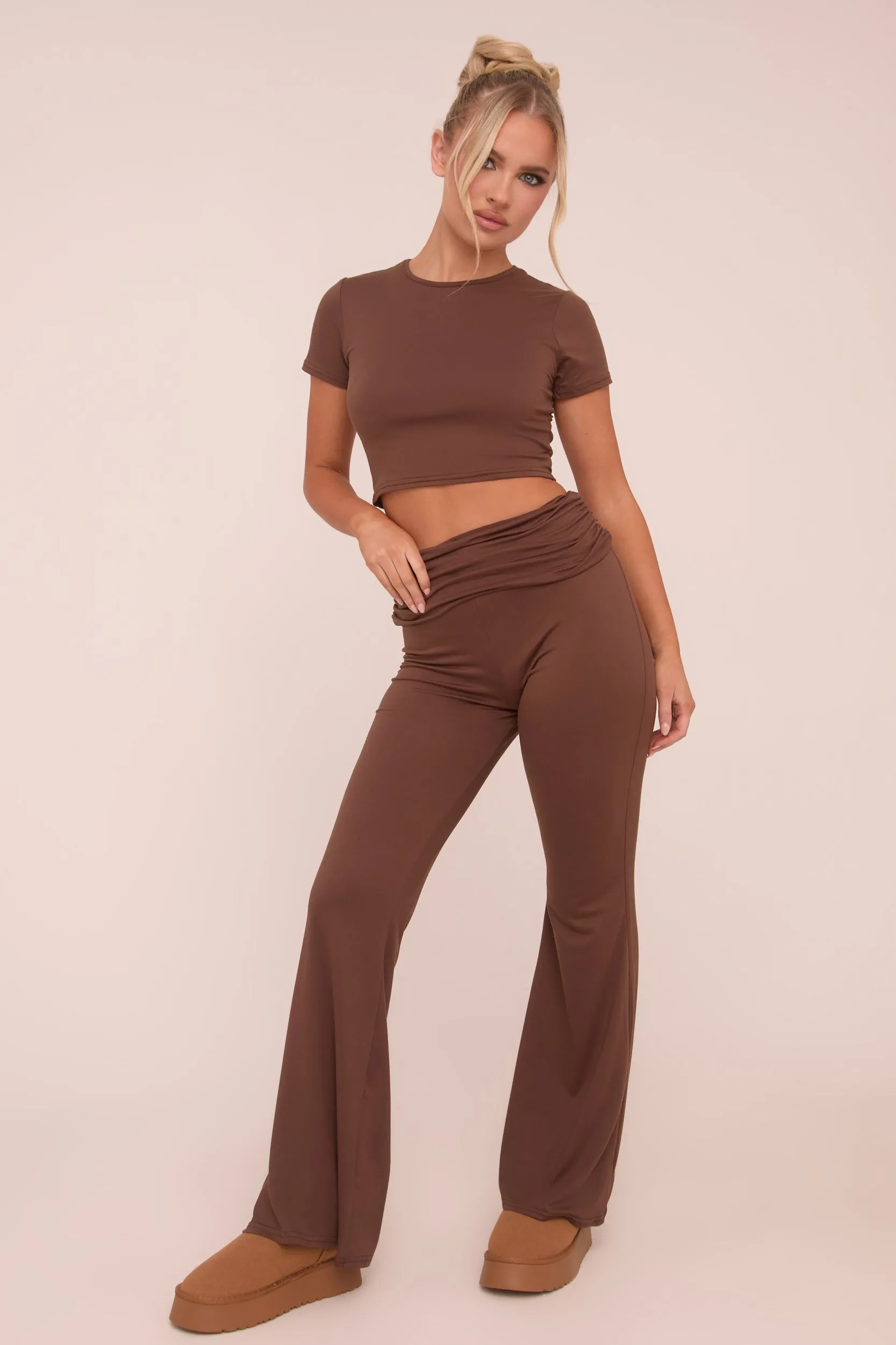 Brown Round Neck Cropped Top & Flared Leg Trousers Co-ord - Charlett sold by Rebellious Fashion product image thumbnail 2