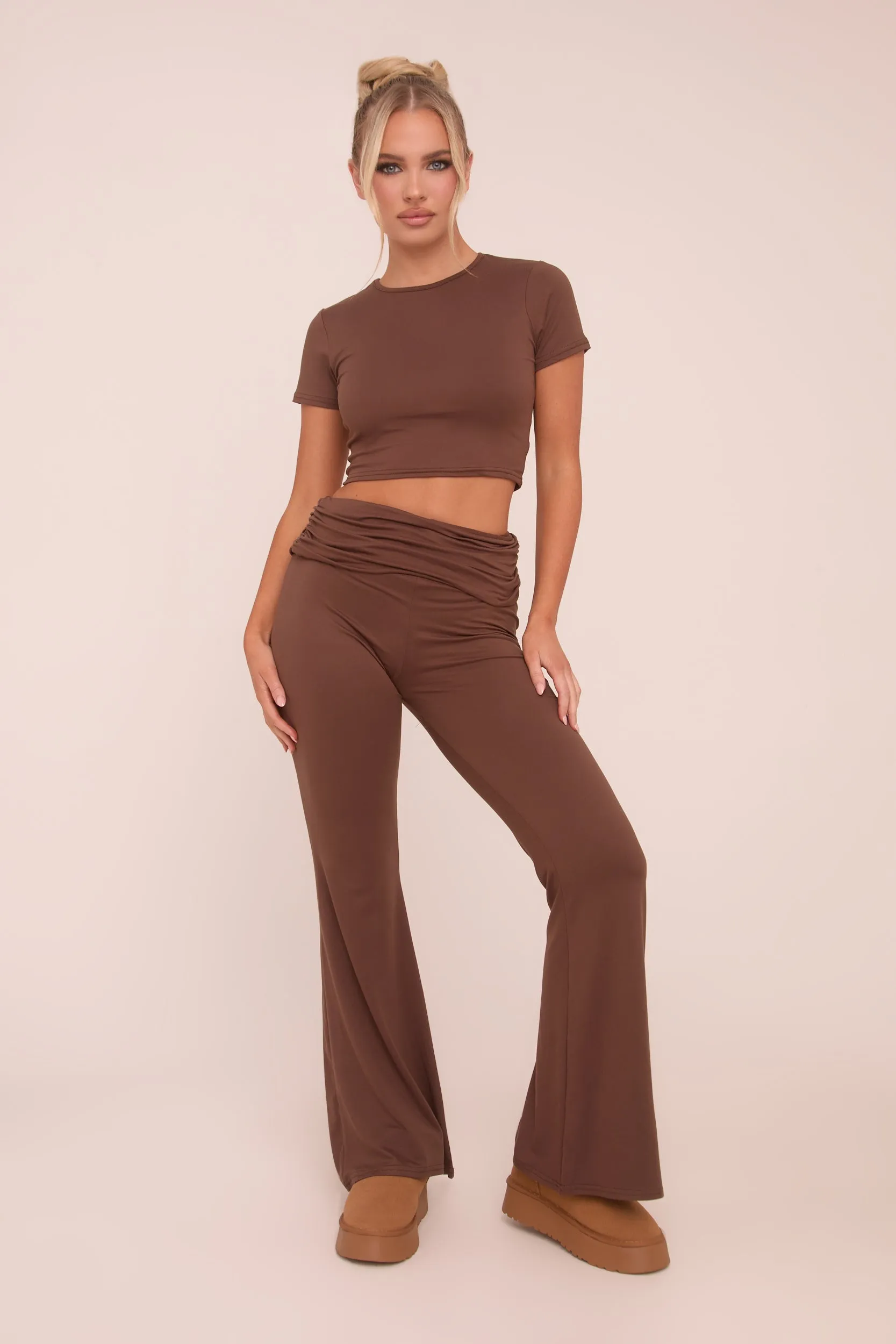 Brown Round Neck Cropped Top & Flared Leg Trousers Co-ord - Charlett sold by Rebellious Fashion