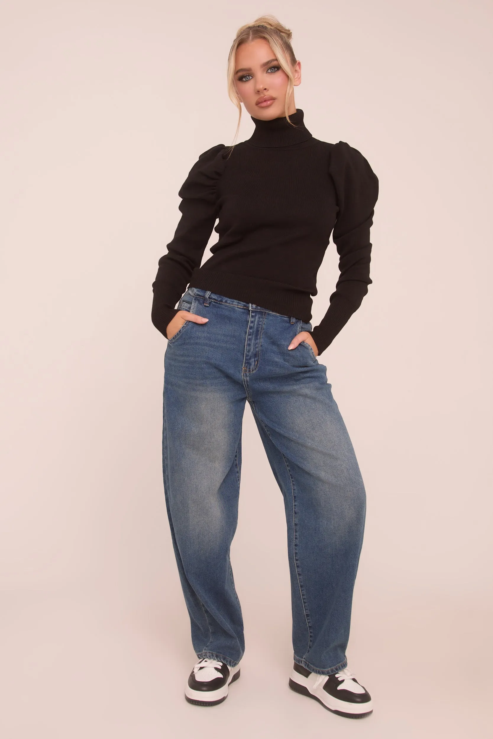 Black Knit High Neck Puff Sleeve Jumper - Amanza sold by Rebellious Fashion