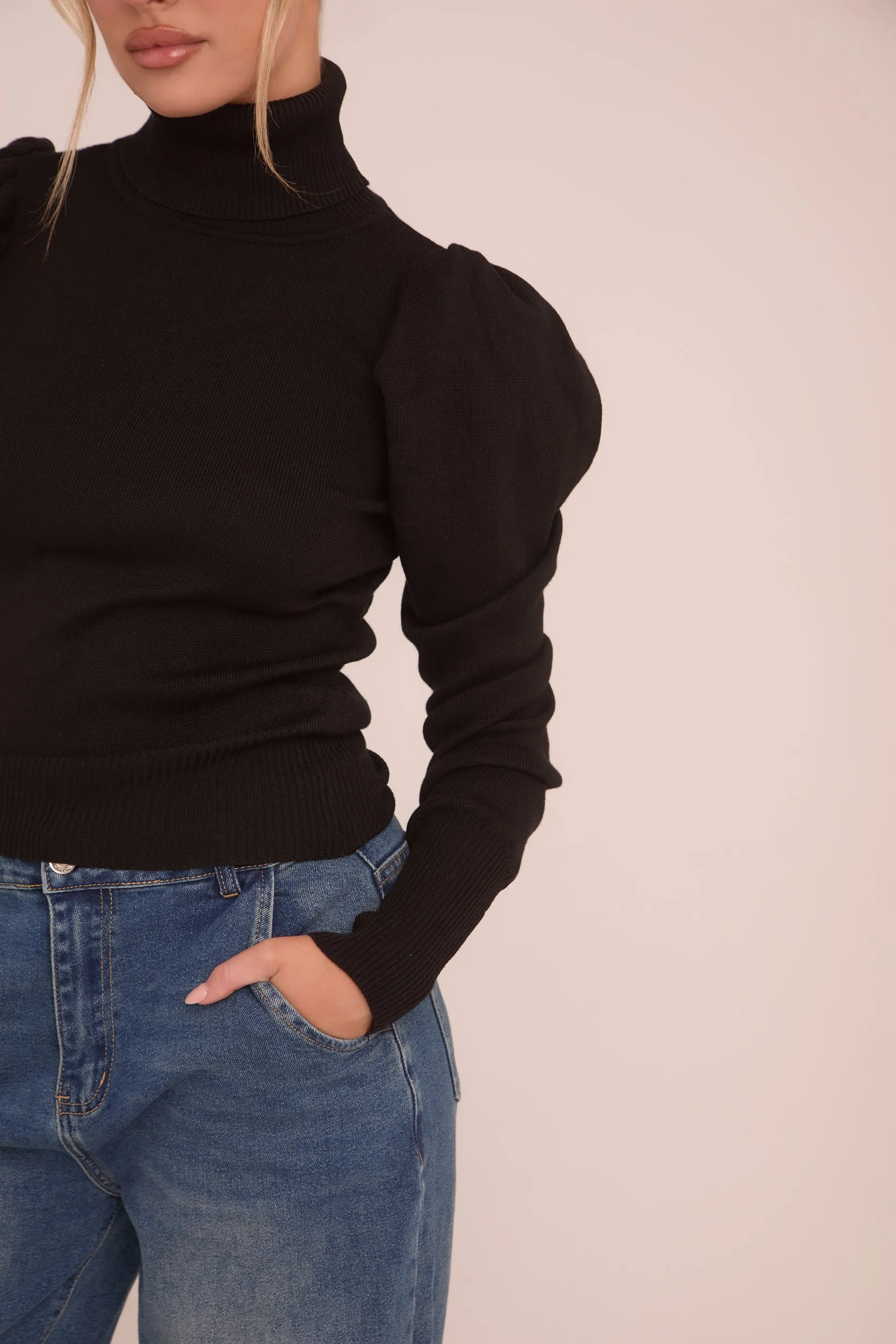 Black Knit High Neck Puff Sleeve Jumper - Amanza sold by Rebellious Fashion product image thumbnail 4