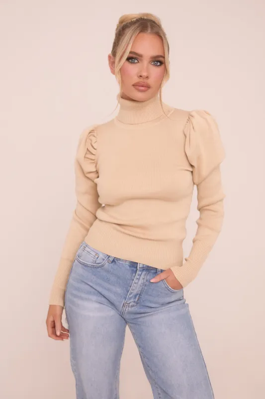 Beige Knit High Neck Puff Sleeve Jumper - Amanza sold by Rebellious Fashion