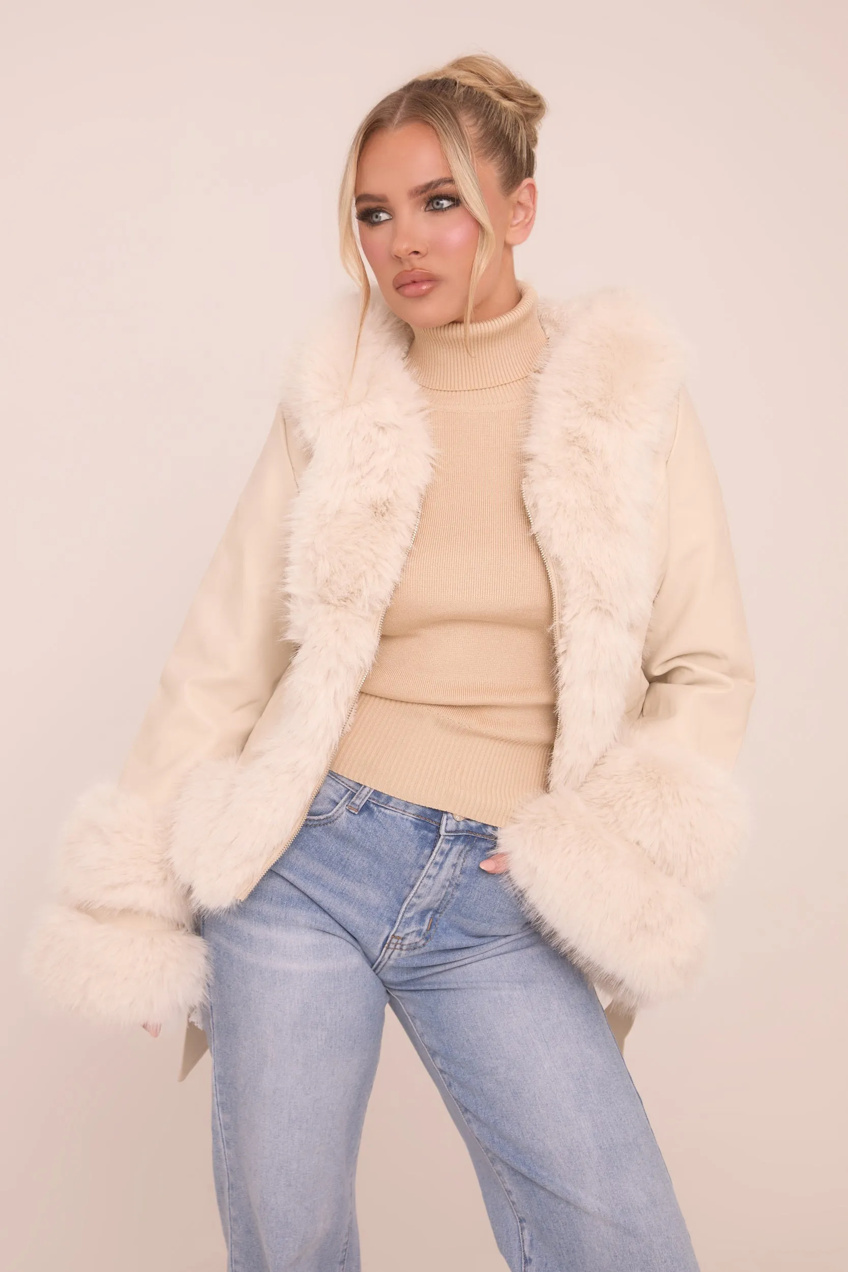 Beige Faux Leather Fur Trim Jacket - Casey sold by Rebellious Fashion product image thumbnail 3