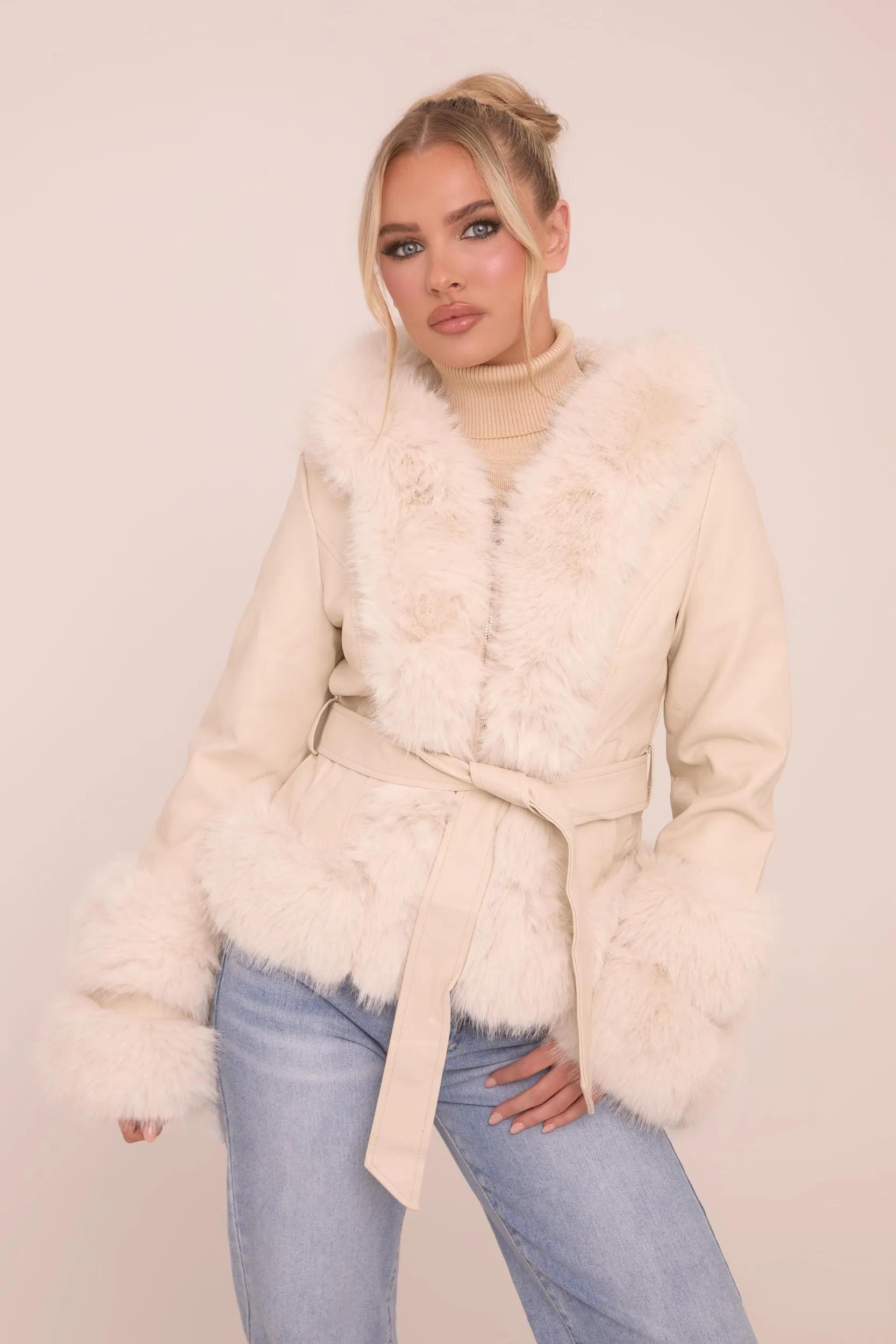 Beige Faux Leather Fur Trim Jacket - Casey sold by Rebellious Fashion