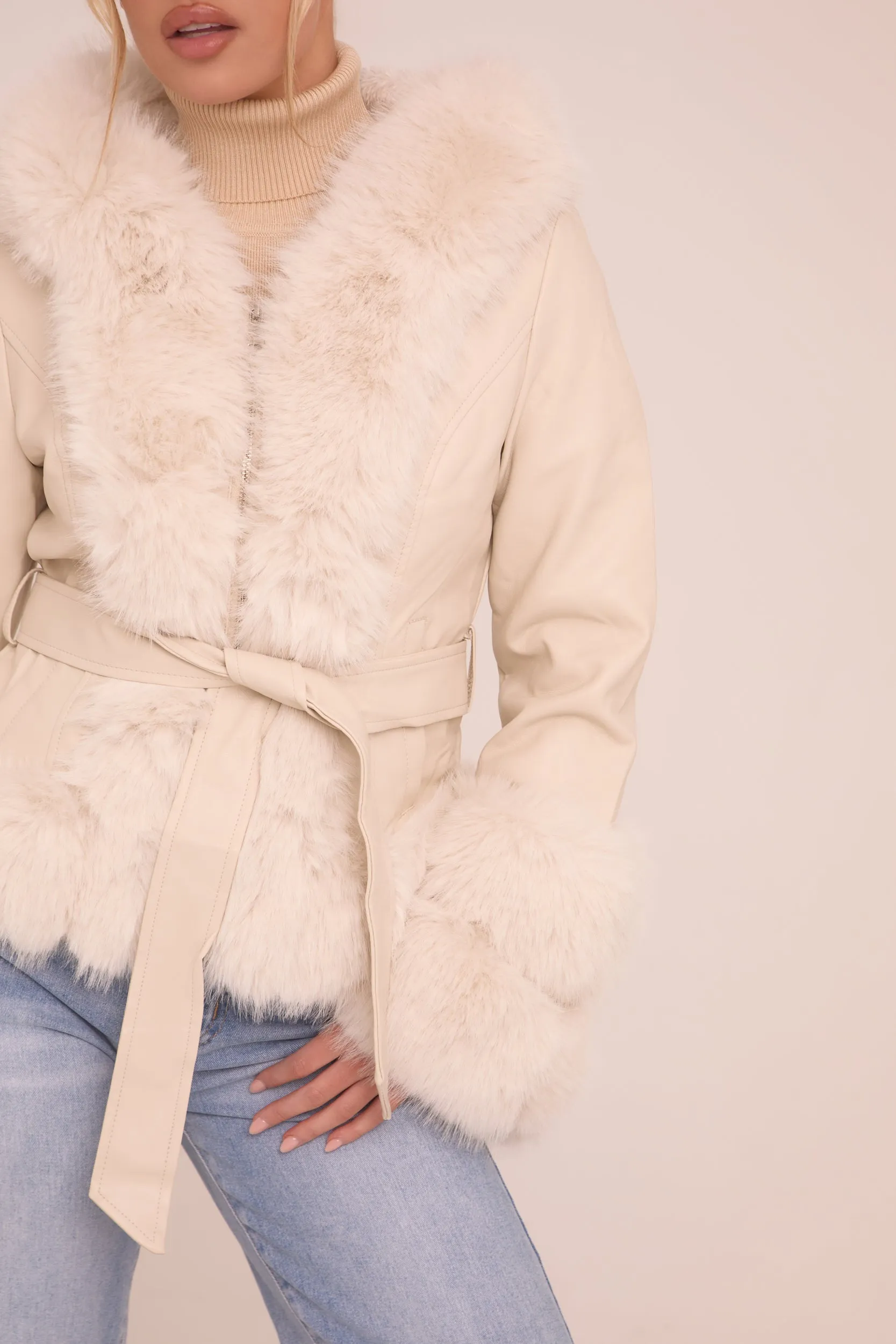 Beige Faux Leather Fur Trim Jacket - Casey sold by Rebellious Fashion product image thumbnail 5