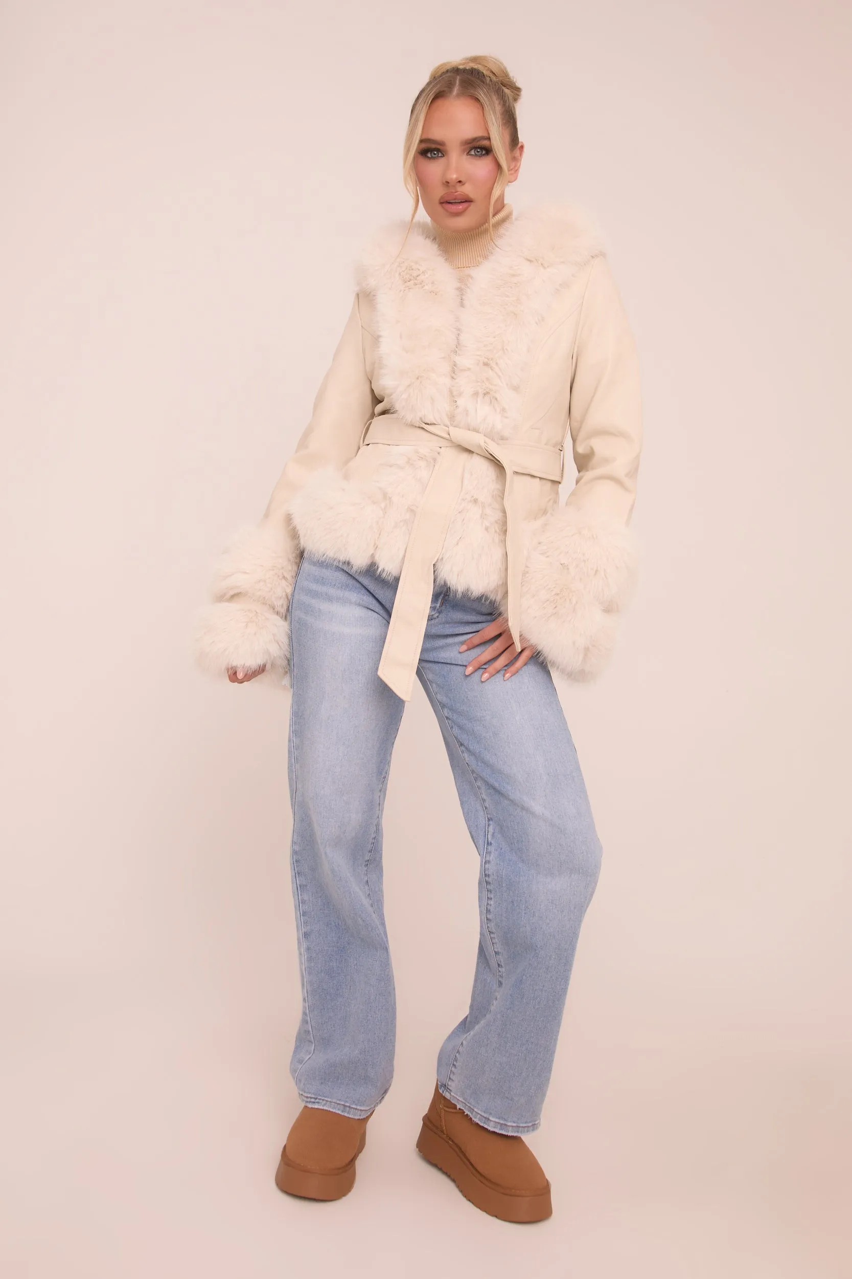 Beige Faux Leather Fur Trim Jacket - Casey sold by Rebellious Fashion product image thumbnail 4