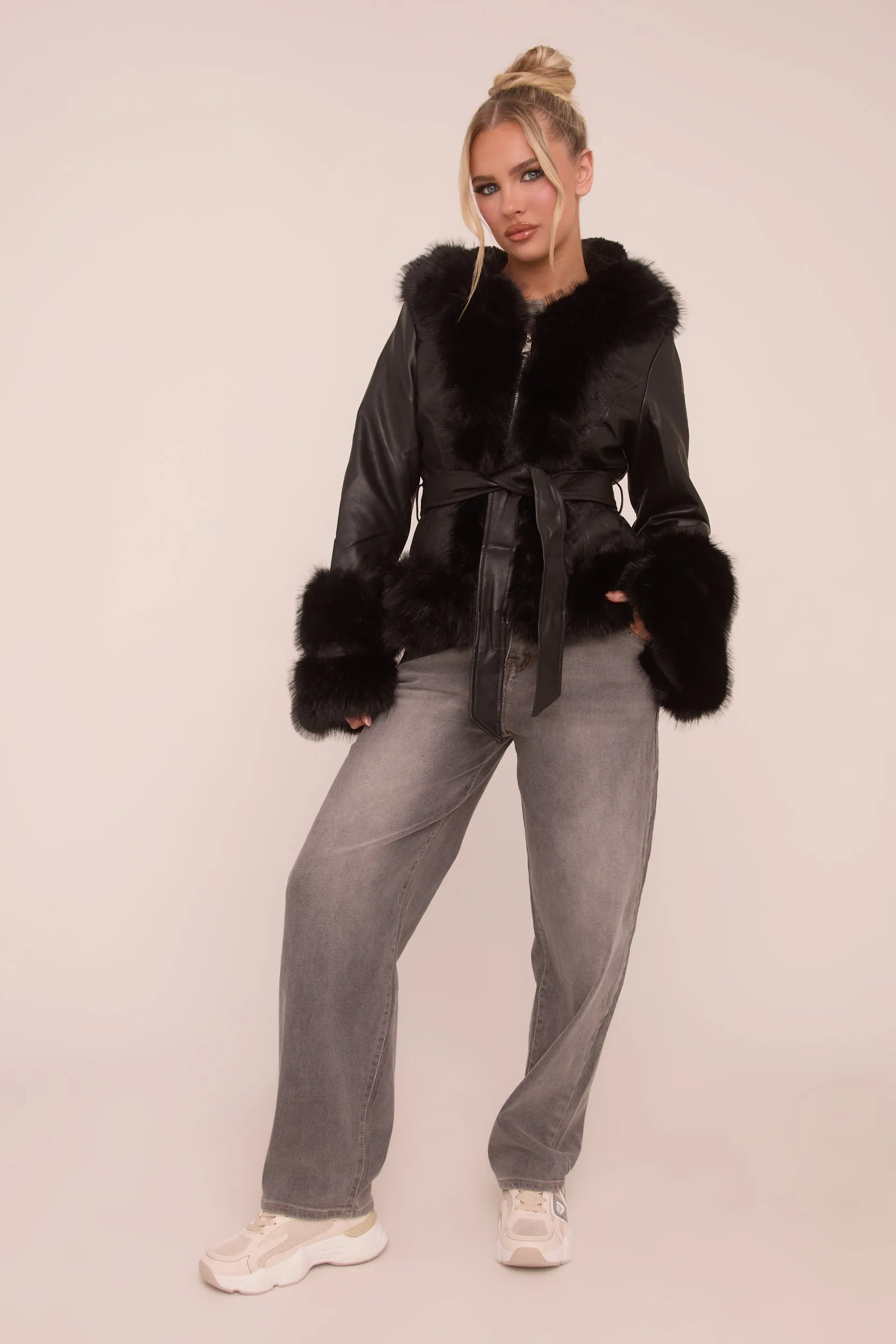 Black Faux Leather Fur Trim Jacket - Casey sold by Rebellious Fashion product image thumbnail 2
