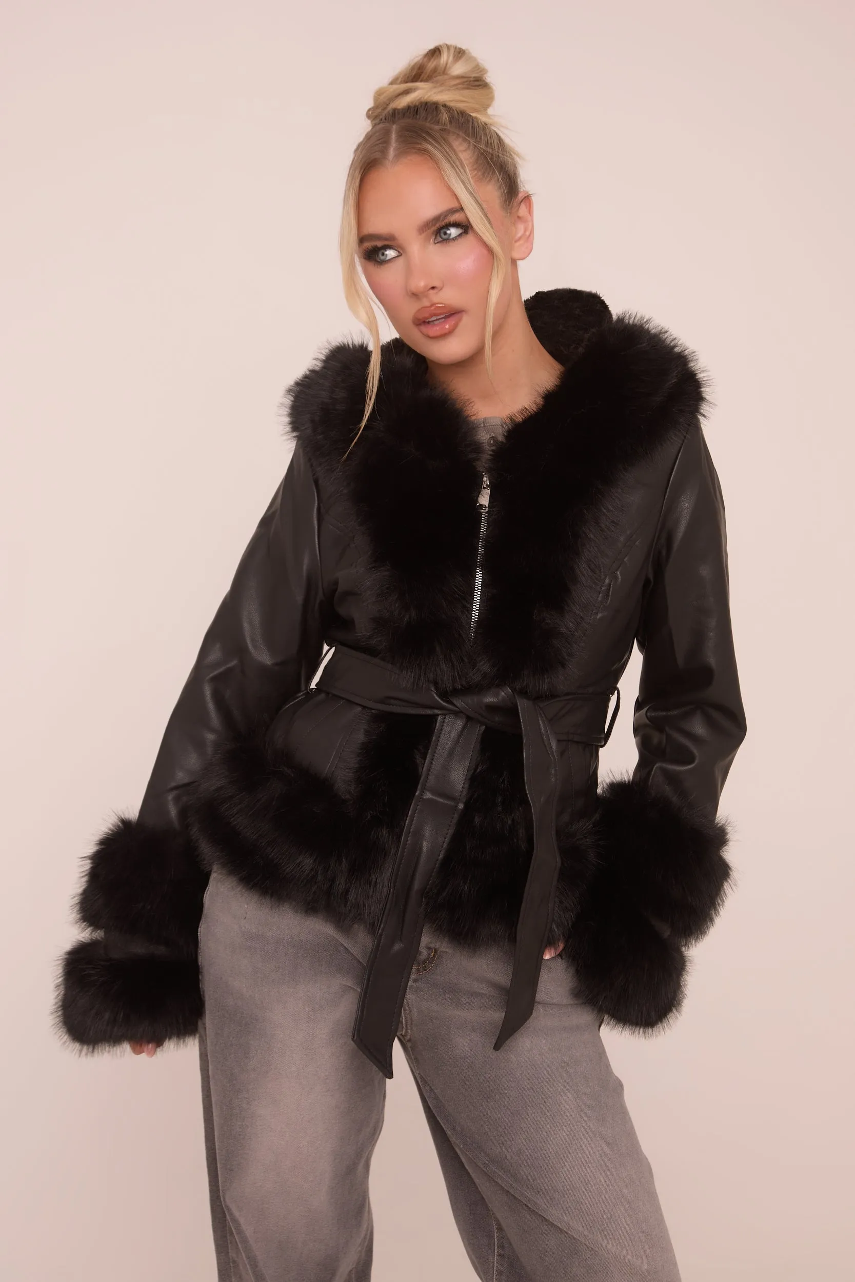 Black Faux Leather Fur Trim Jacket - Casey sold by Rebellious Fashion