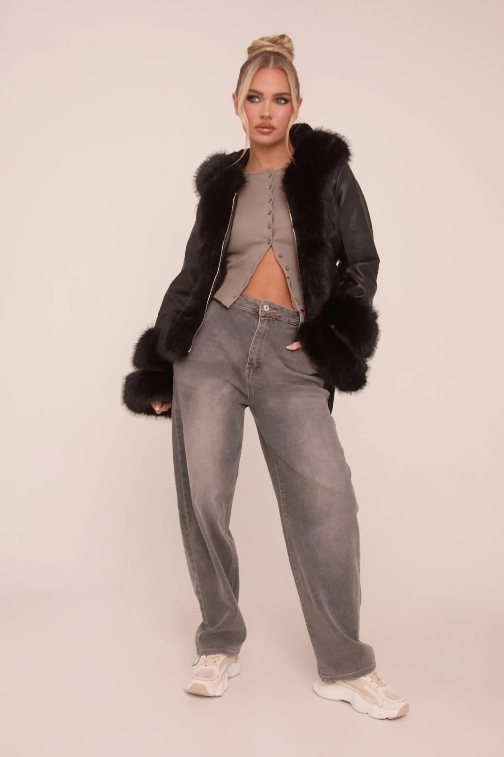Black Faux Leather Fur Trim Jacket - Casey sold by Rebellious Fashion product image thumbnail 3