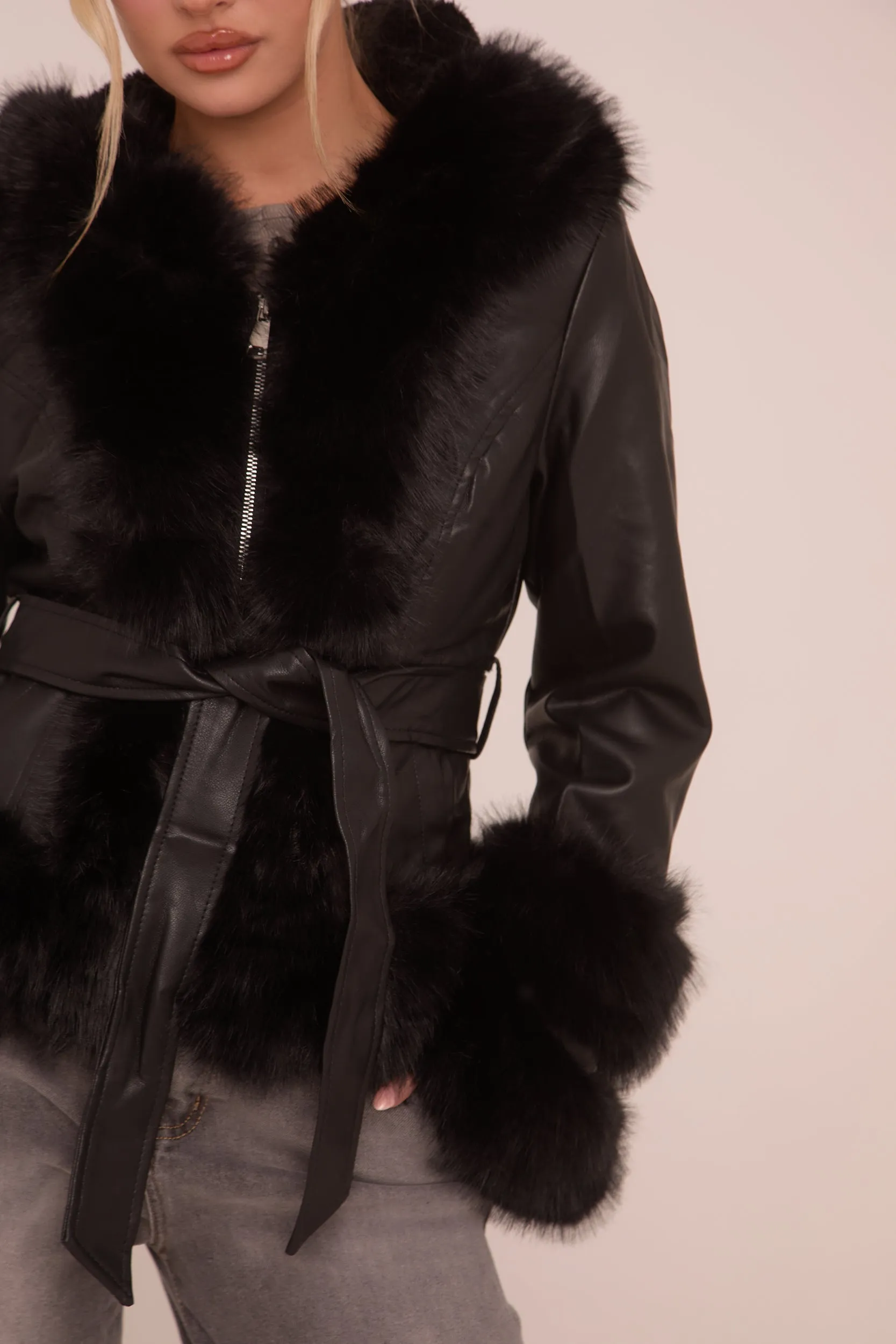 Black Faux Leather Fur Trim Jacket - Casey sold by Rebellious Fashion product image thumbnail 4