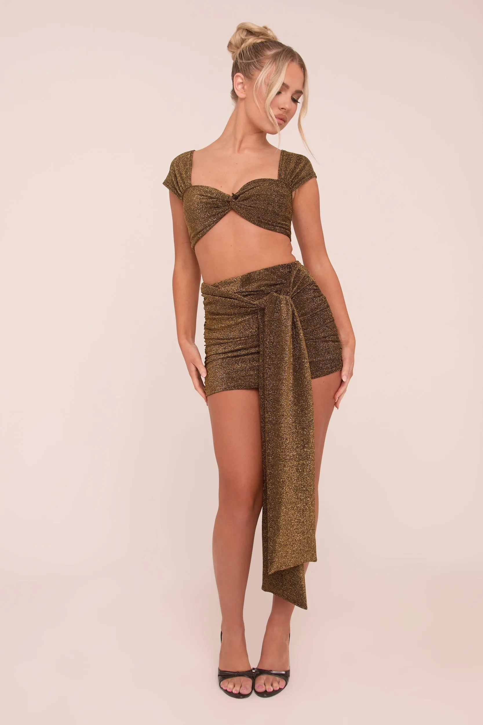 Khaki Lurex Crop Top & Tie Detail Mini Skirt Co-ord Set - Veronica sold by Rebellious Fashion product image thumbnail 2