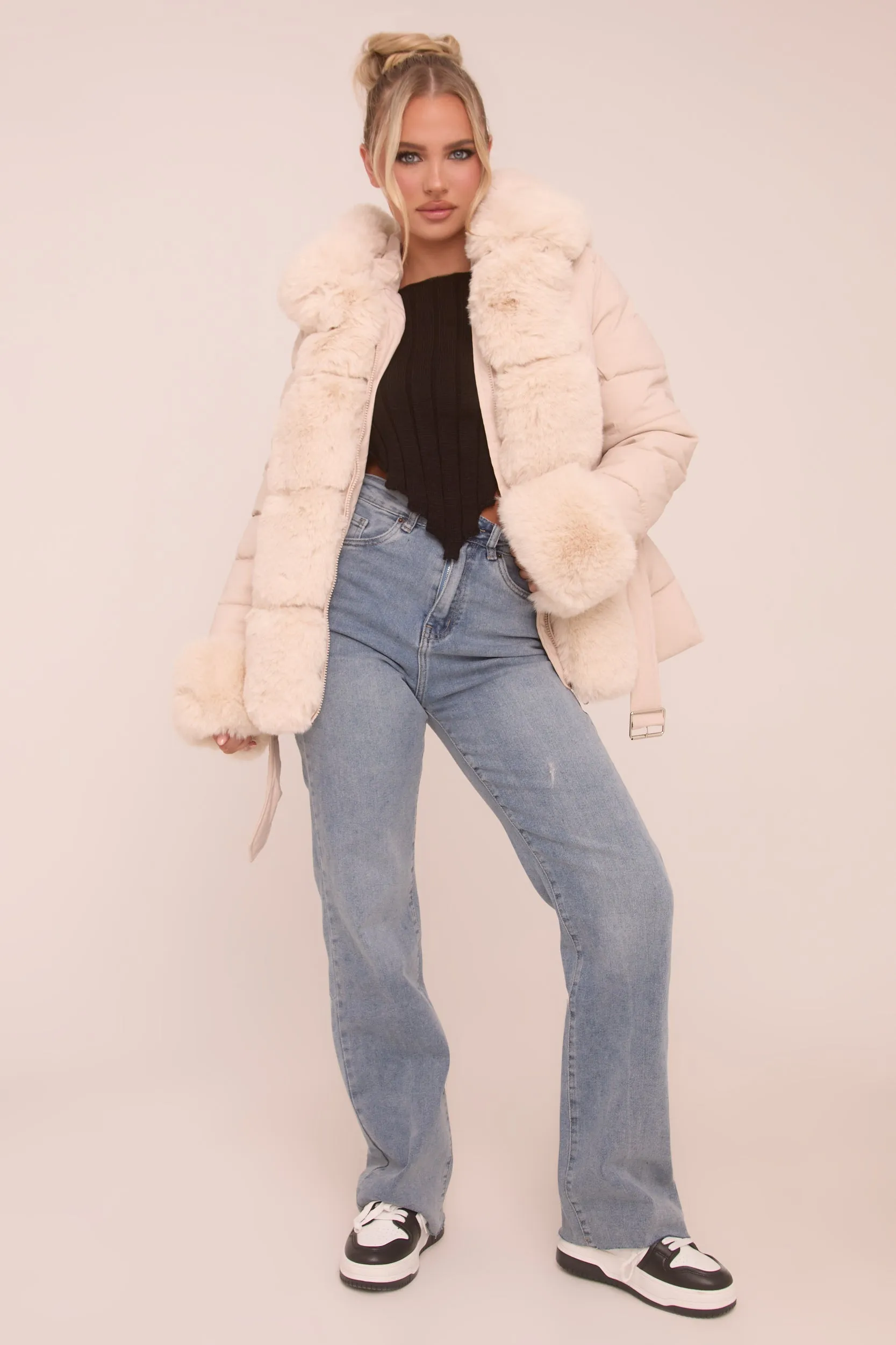 Beige Faux Fur Trim Hooded Puffer Jacket - Betty sold by Rebellious Fashion product image thumbnail 3