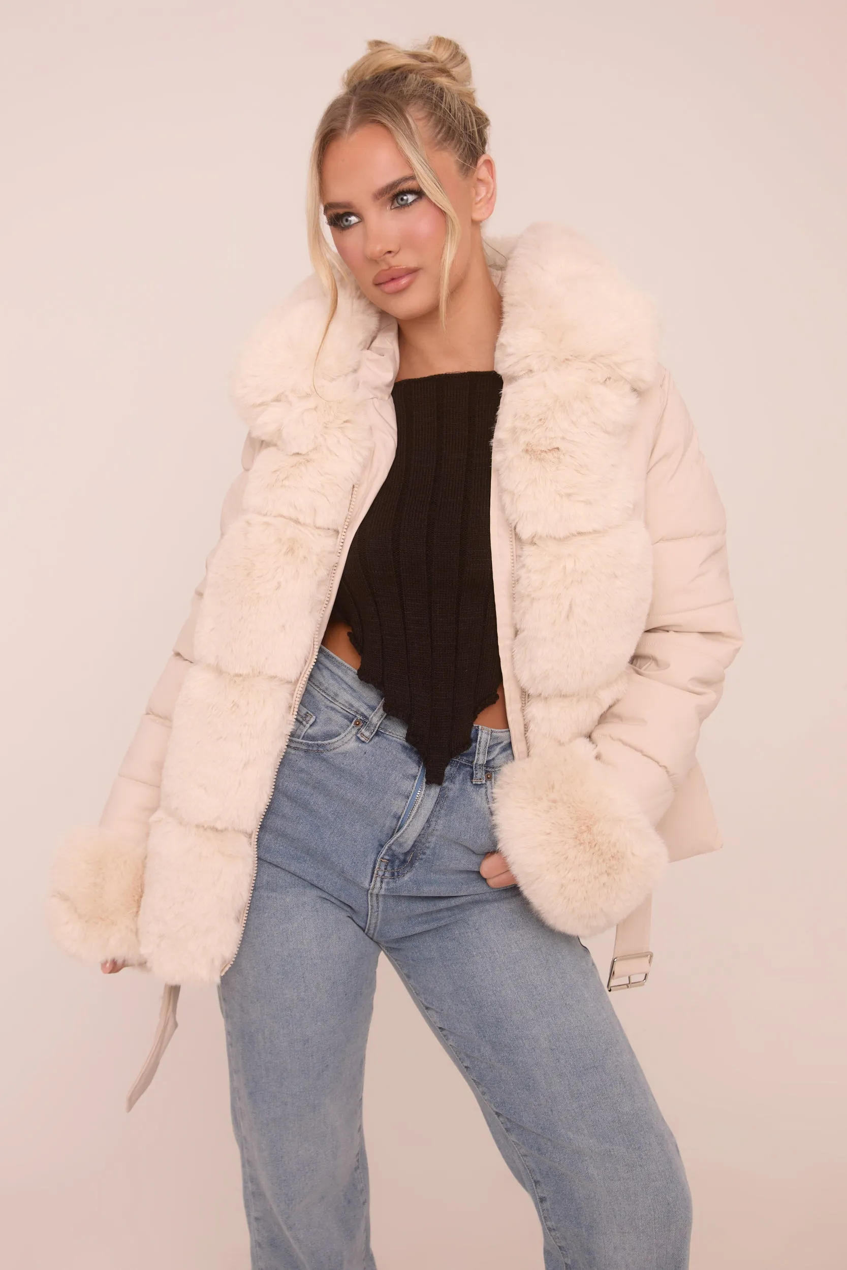 Beige Faux Fur Trim Hooded Puffer Jacket - Betty sold by Rebellious Fashion product image thumbnail 4
