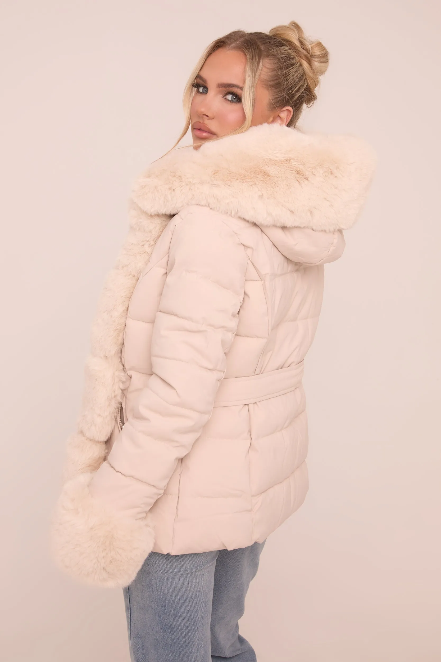 Beige Faux Fur Trim Hooded Puffer Jacket - Betty sold by Rebellious Fashion product image thumbnail 5