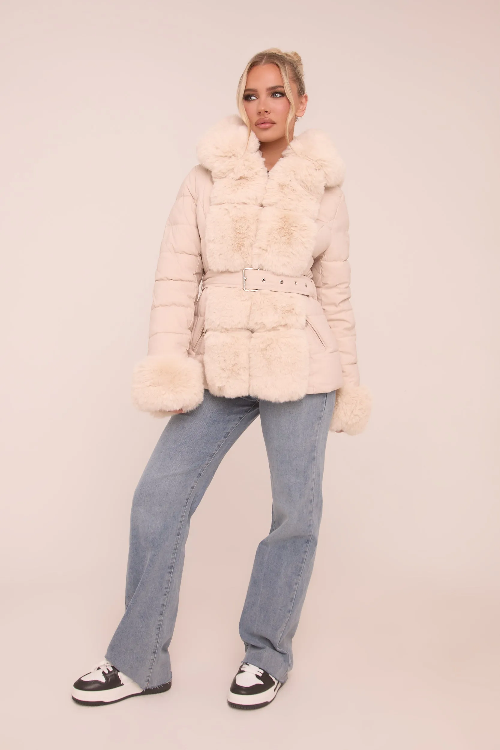 Beige Faux Fur Trim Hooded Puffer Jacket - Betty sold by Rebellious Fashion