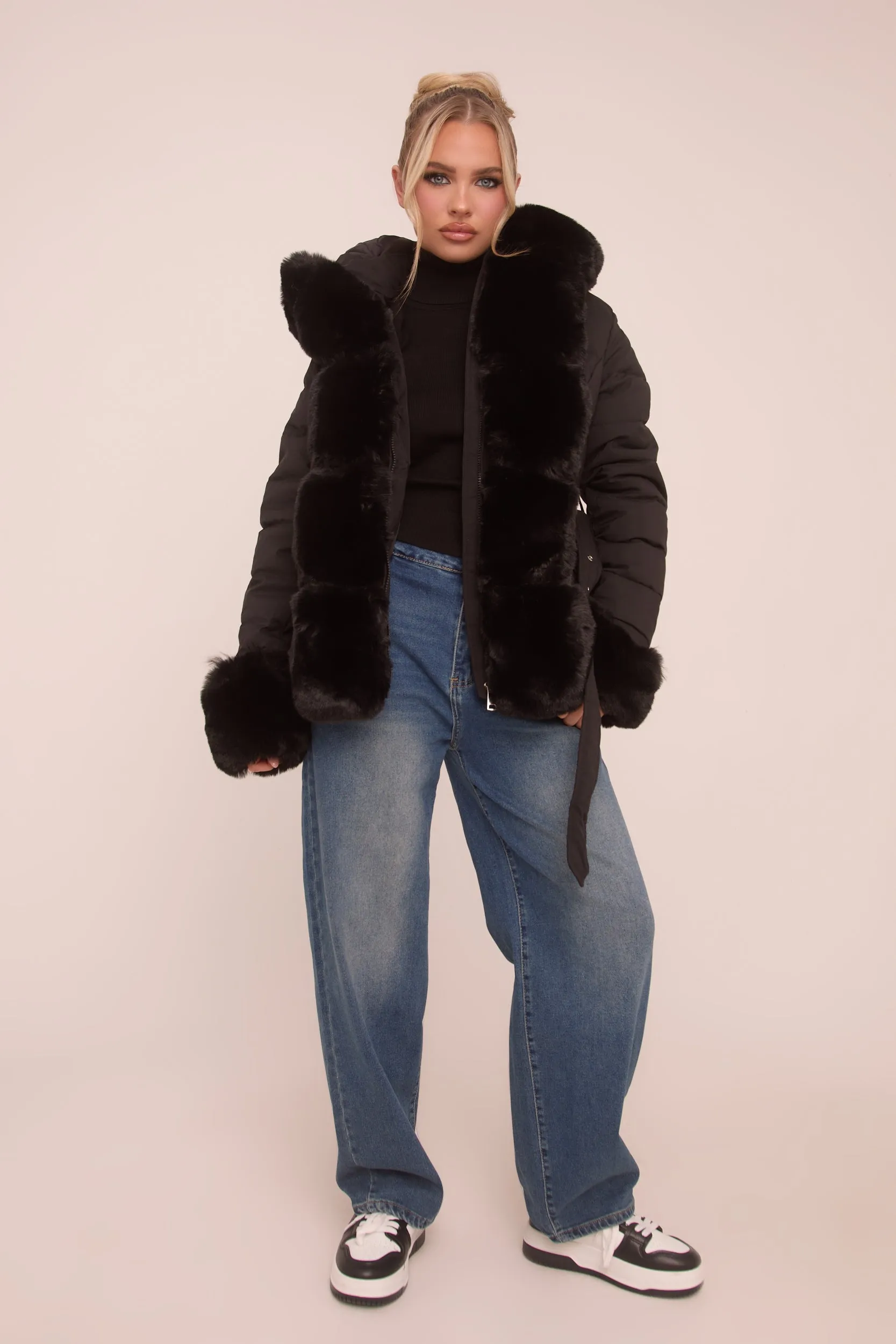Black Faux Fur Trim Hooded Puffer Jacket - Betty sold by Rebellious Fashion product image thumbnail 3