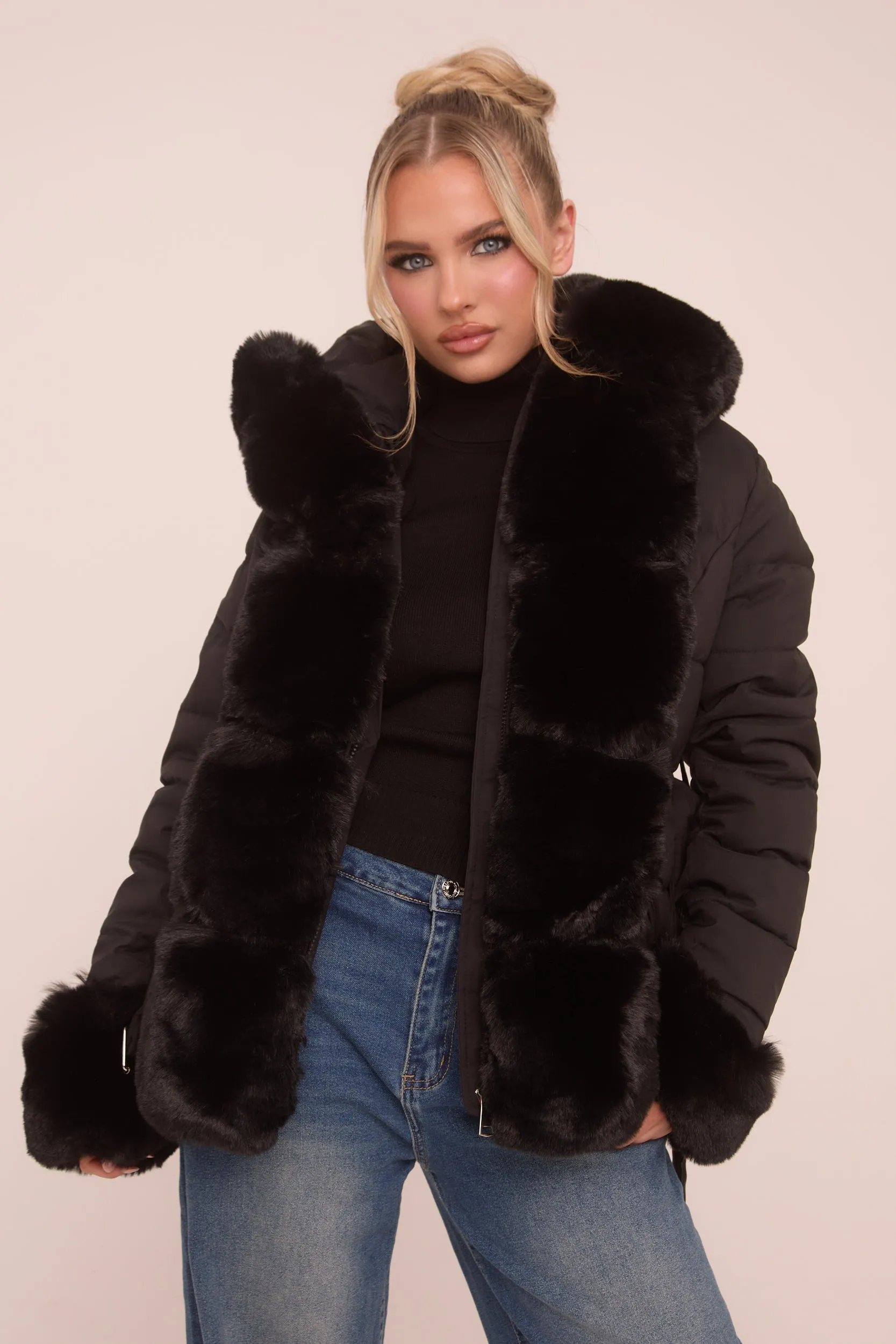 Black Faux Fur Trim Hooded Puffer Jacket - Betty sold by Rebellious Fashion product image thumbnail 2