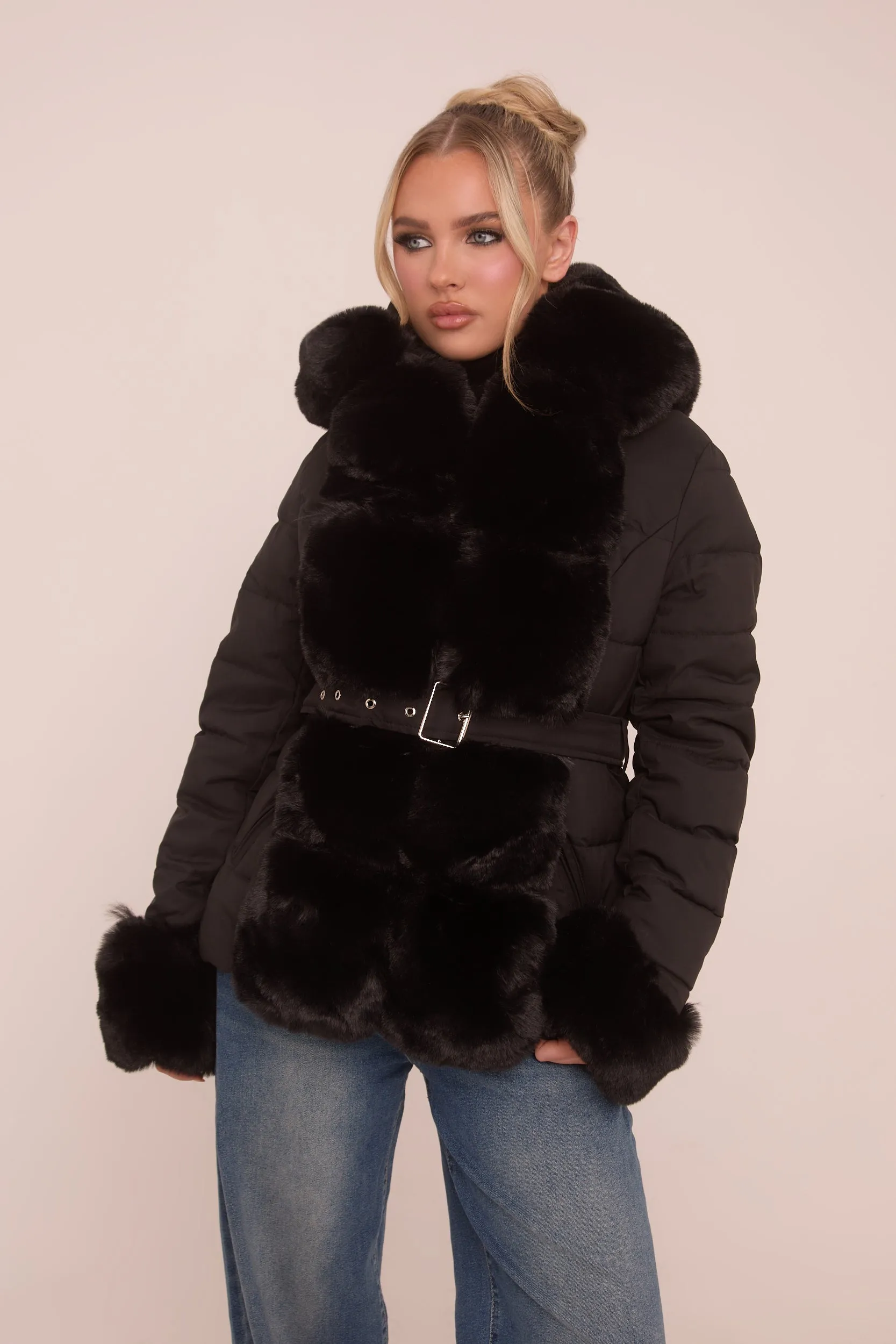Black Faux Fur Trim Hooded Puffer Jacket - Betty sold by Rebellious Fashion product image thumbnail 4