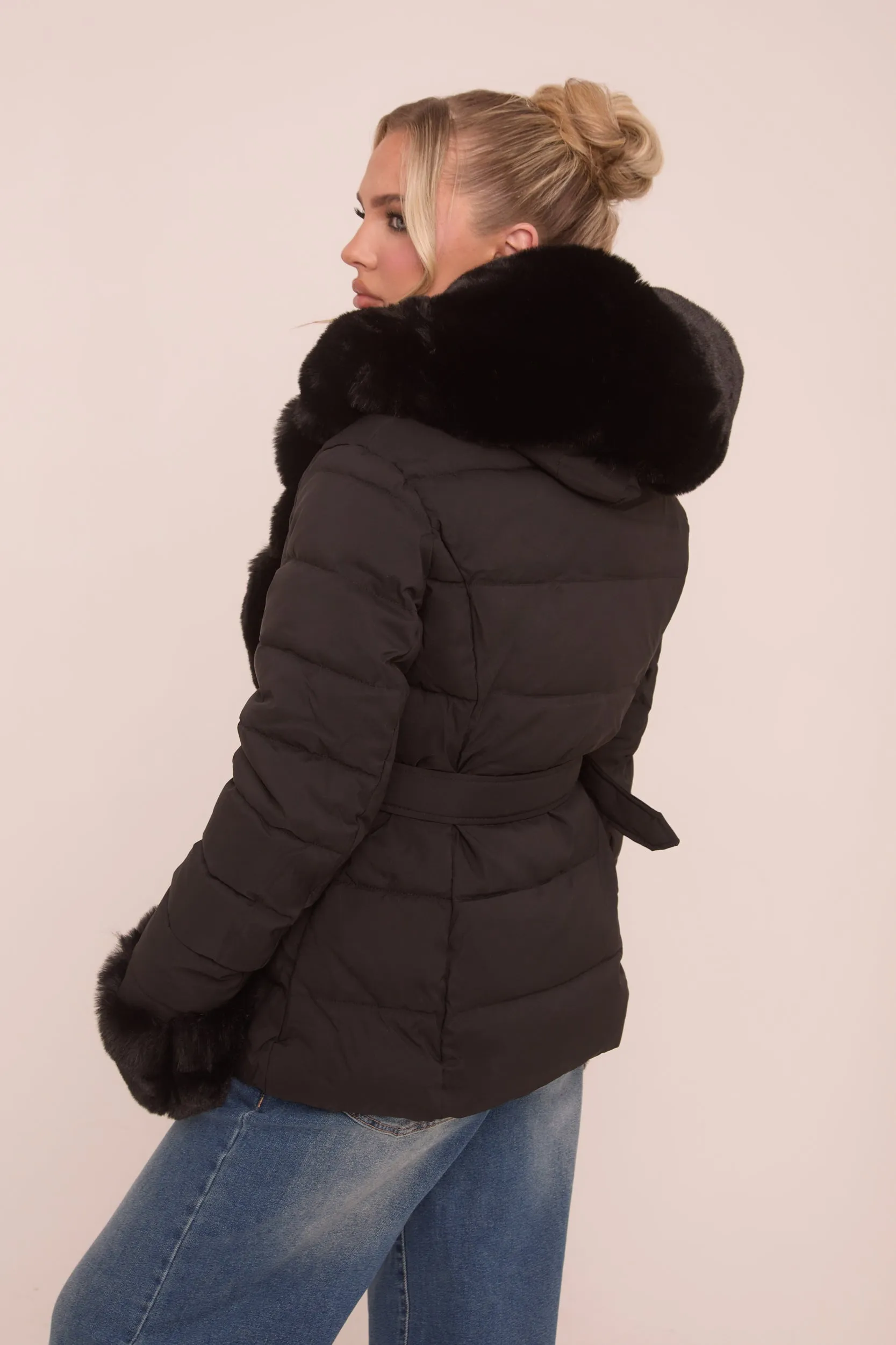 Black Faux Fur Trim Hooded Puffer Jacket - Betty sold by Rebellious Fashion product image thumbnail 5