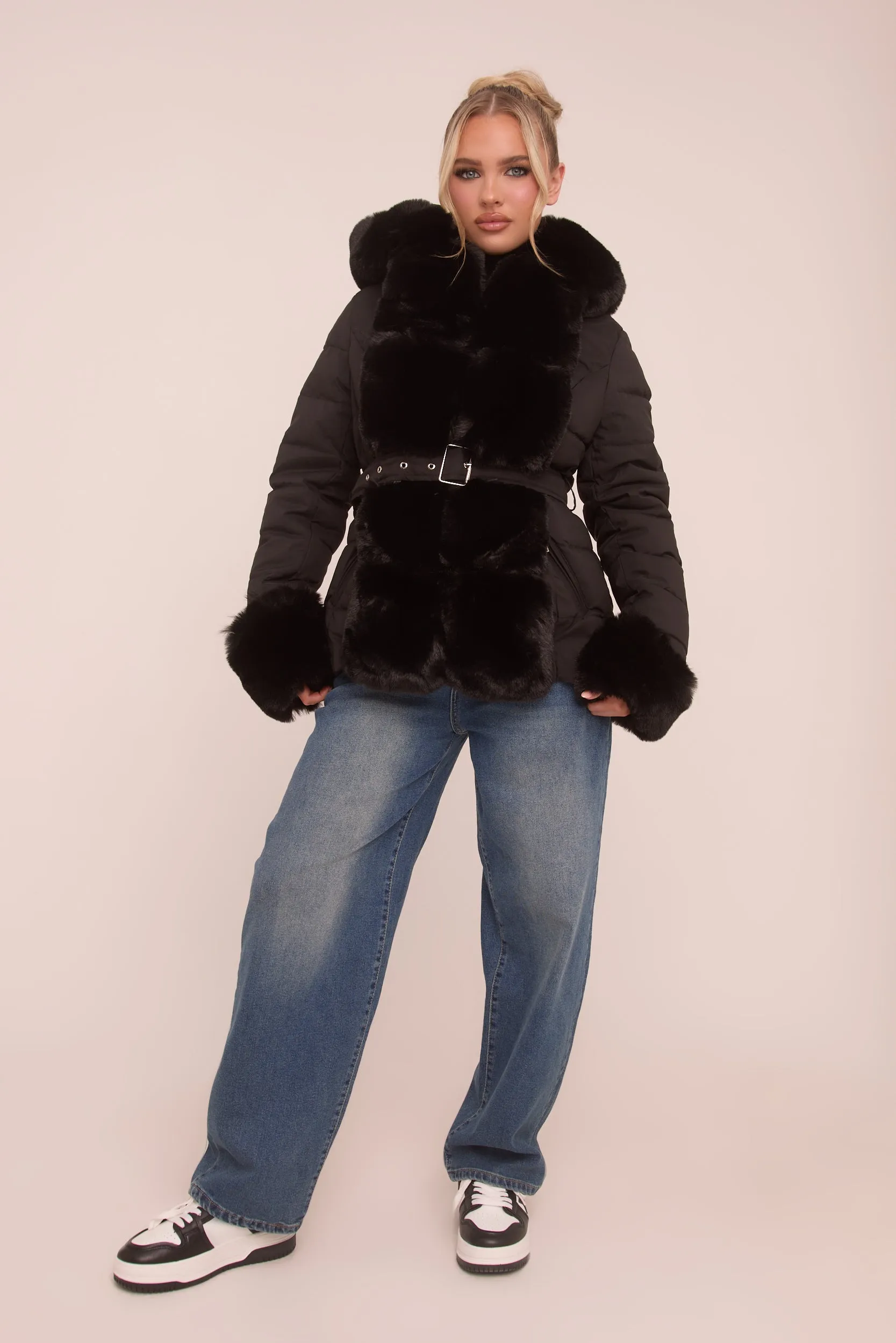 Black Faux Fur Trim Hooded Puffer Jacket - Betty sold by Rebellious Fashion