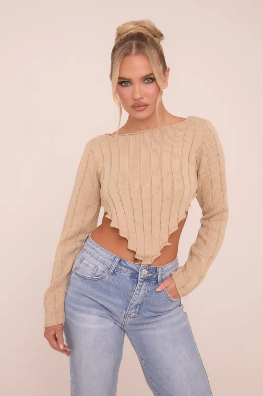 Beige Knit Asymmetric Hem Cropped Jumper - Prima sold by Rebellious Fashion