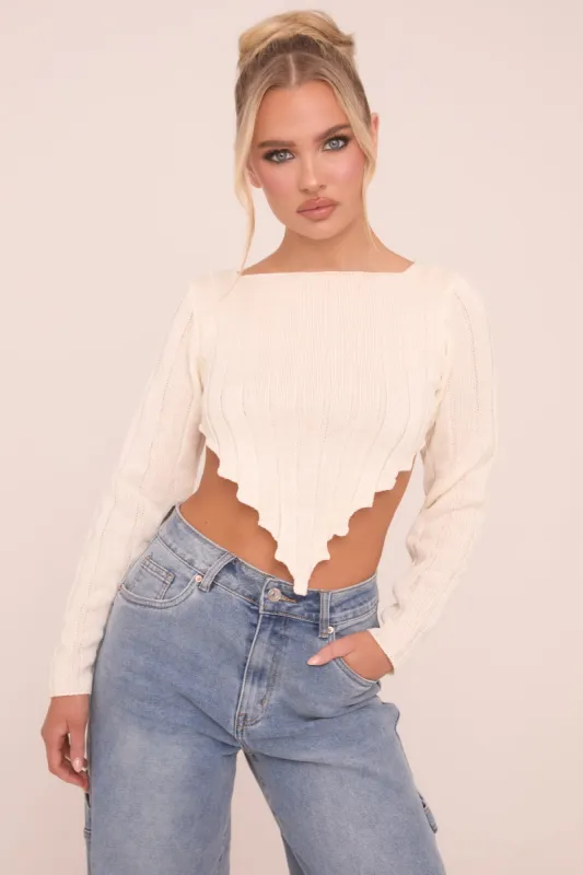 Cream Knit Asymmetric Hem Cropped Jumper - Prima sold by Rebellious Fashion