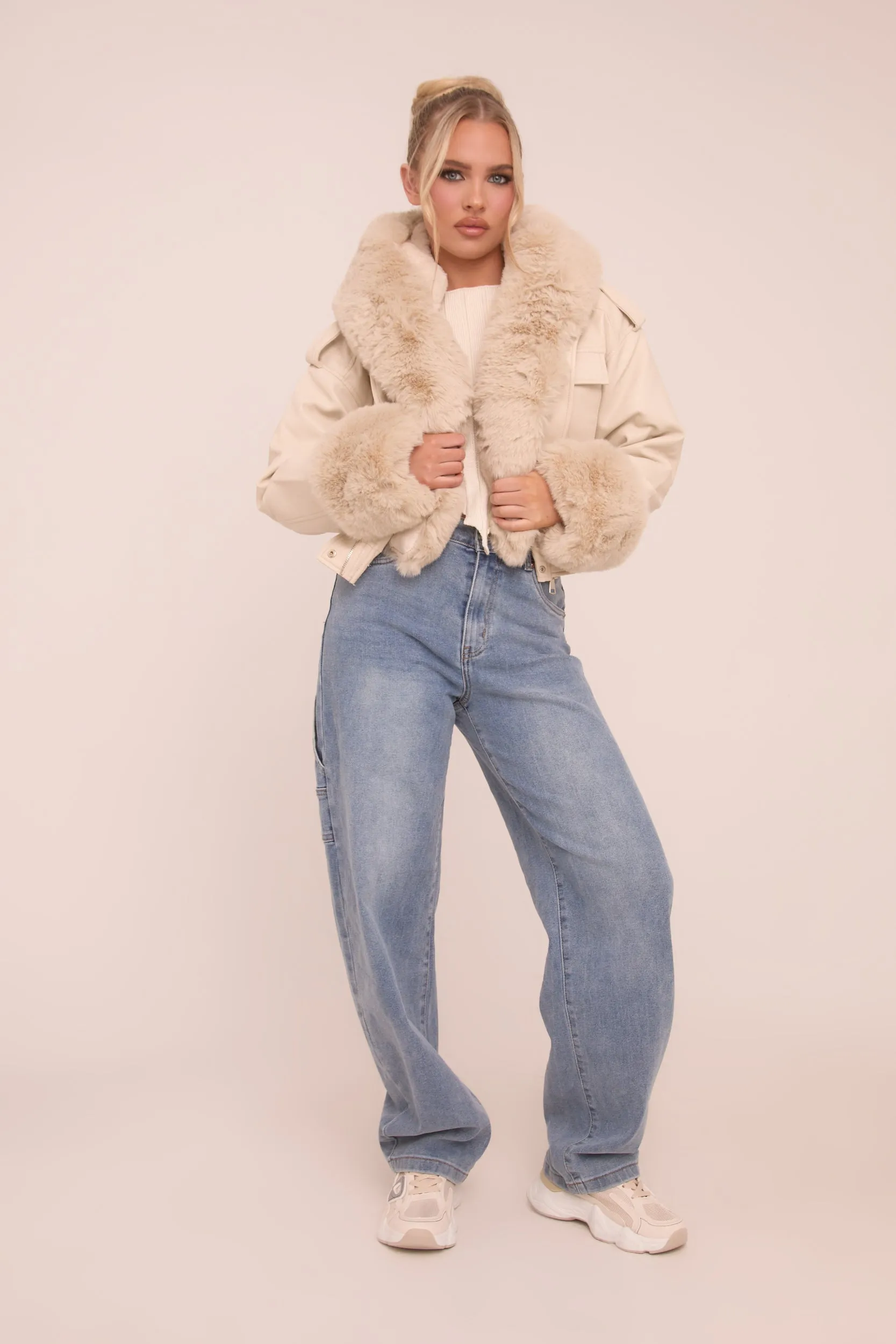 Beige Faux Leather Fur Lined Bomber Jacket - Larna sold by Rebellious Fashion product image thumbnail 4
