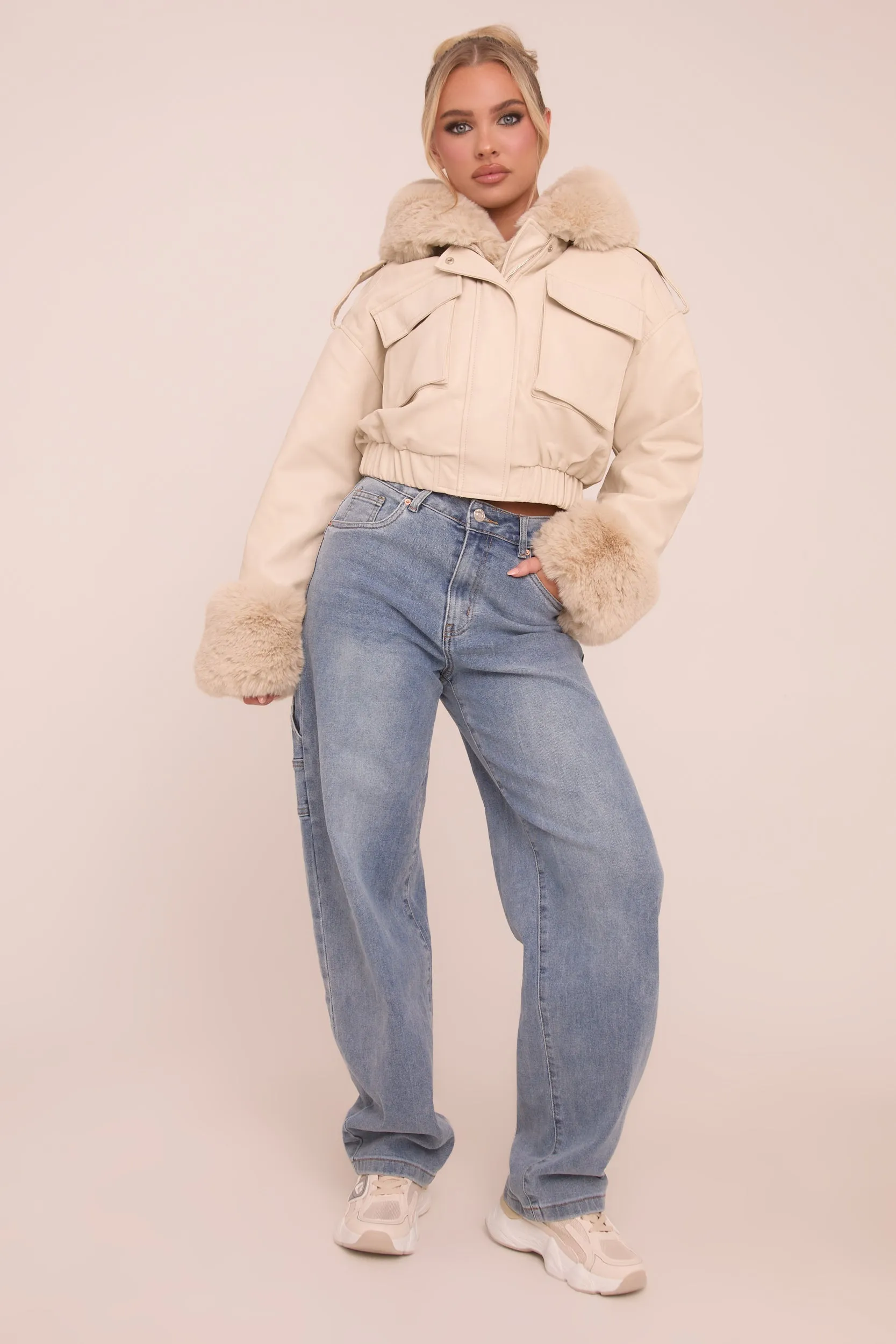 Beige Faux Leather Fur Lined Bomber Jacket - Larna sold by Rebellious Fashion