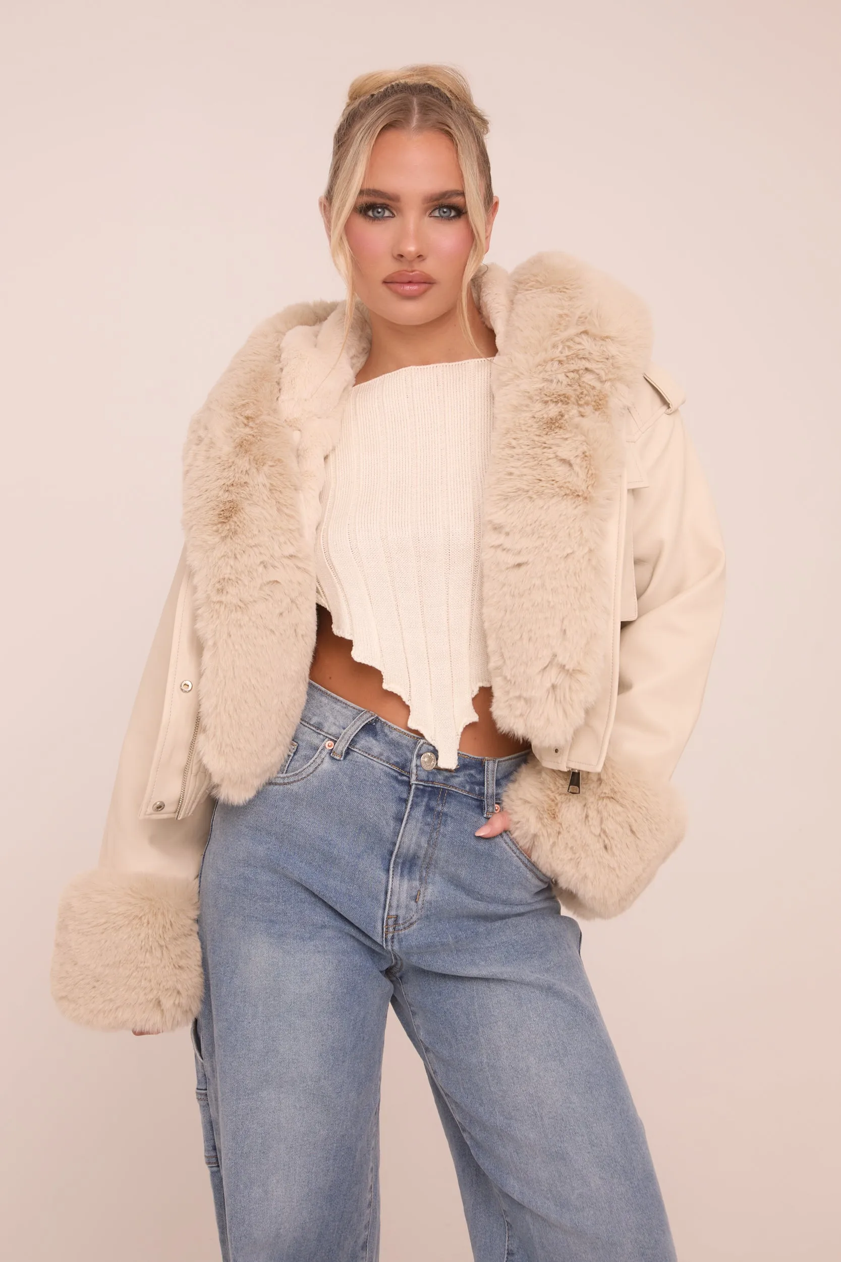 Beige Faux Leather Fur Lined Bomber Jacket - Larna sold by Rebellious Fashion product image thumbnail 2