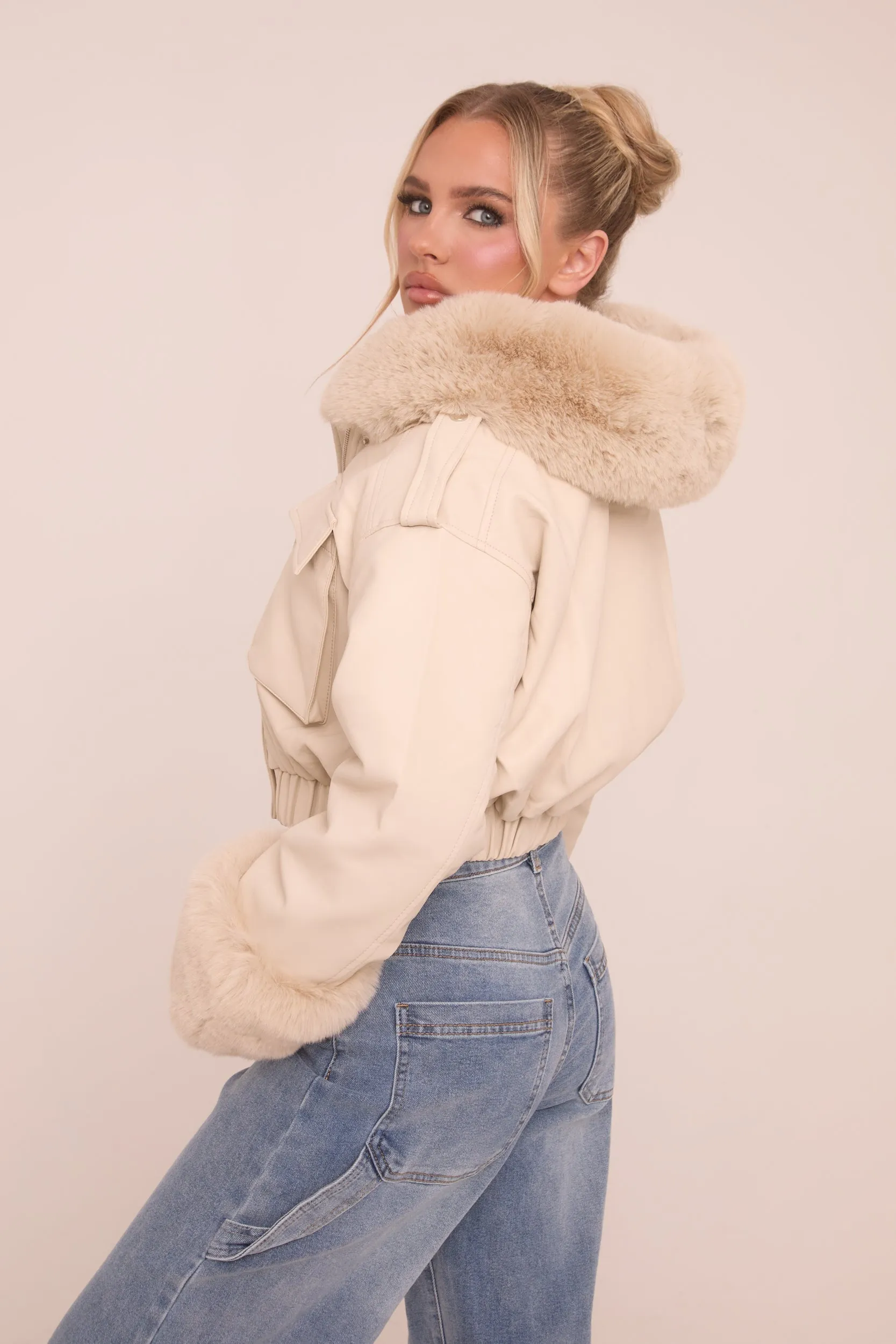 Beige Faux Leather Fur Lined Bomber Jacket - Larna sold by Rebellious Fashion product image thumbnail 5