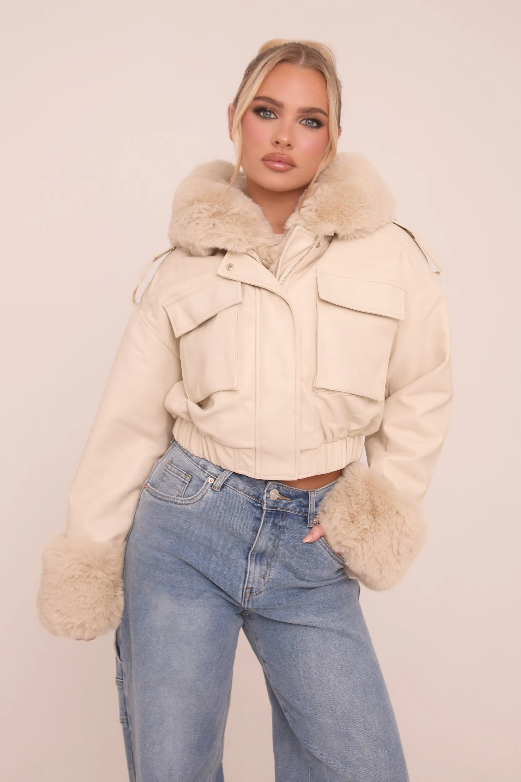 Beige Faux Leather Fur Lined Bomber Jacket - Larna sold by Rebellious Fashion product image thumbnail 3