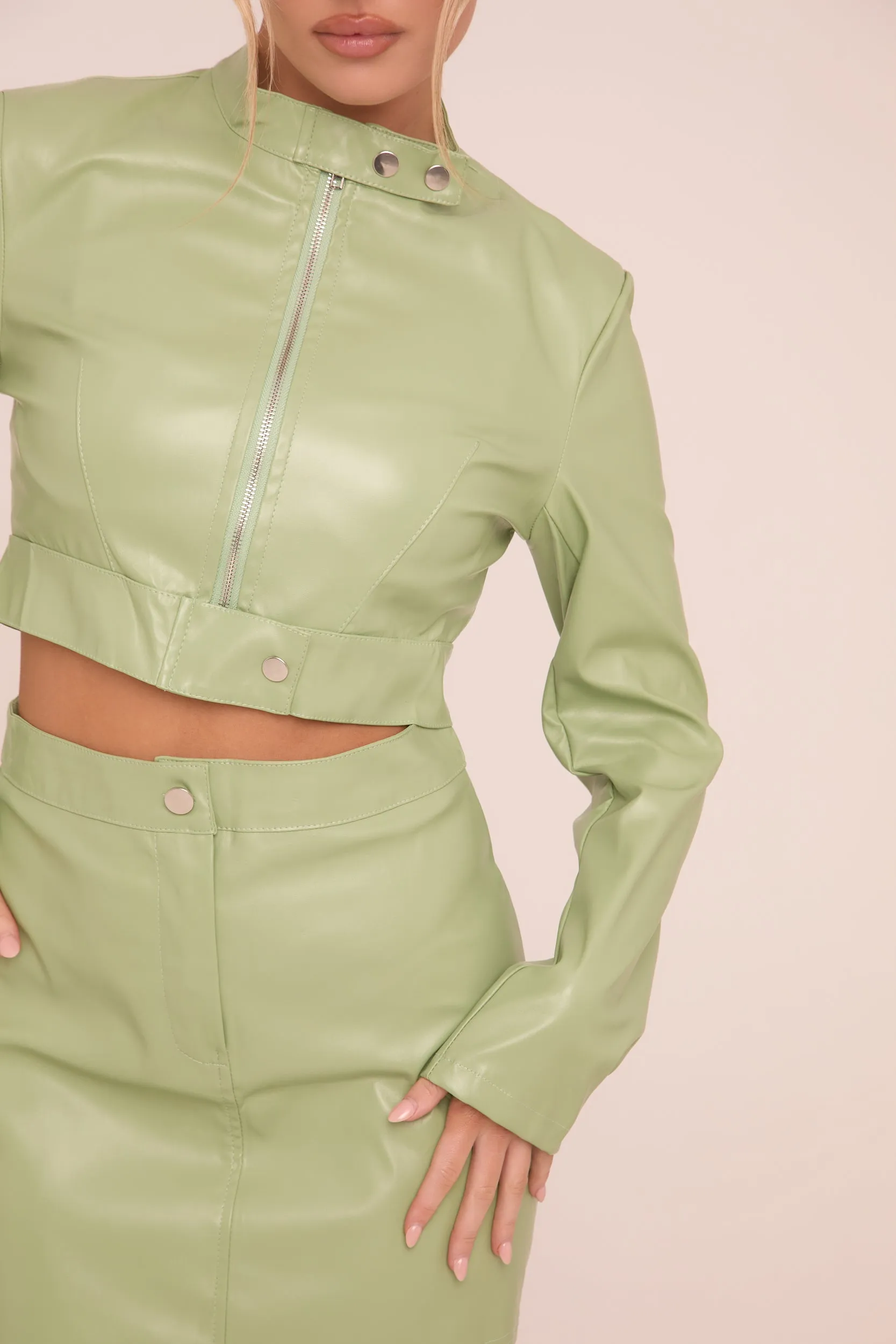 Sage Faux Leather Zip Detail Top & Mini Skirt Co-ord Set - Dora sold by Rebellious Fashion product image thumbnail 4