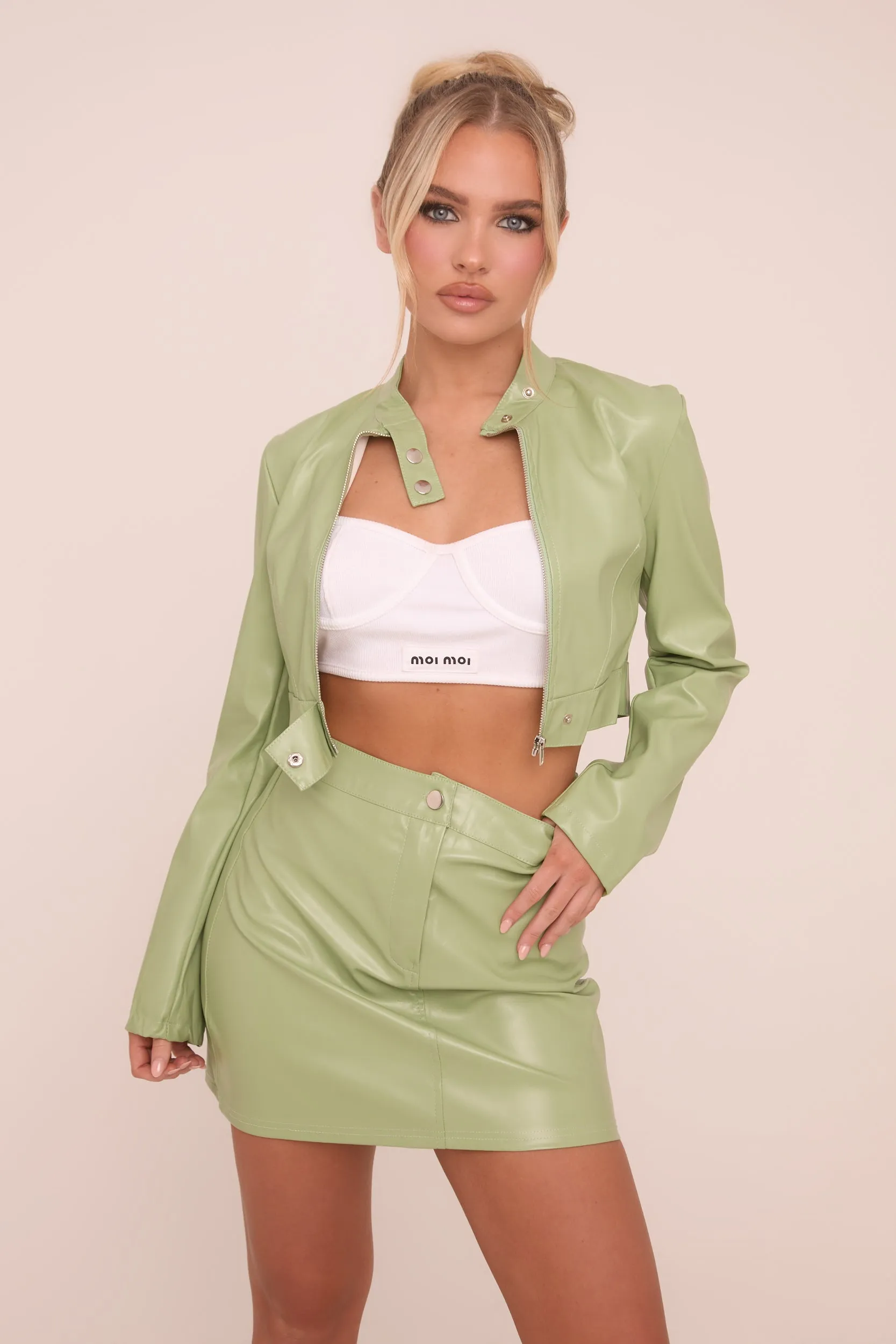 Sage Faux Leather Zip Detail Top & Mini Skirt Co-ord Set - Dora sold by Rebellious Fashion product image thumbnail 3