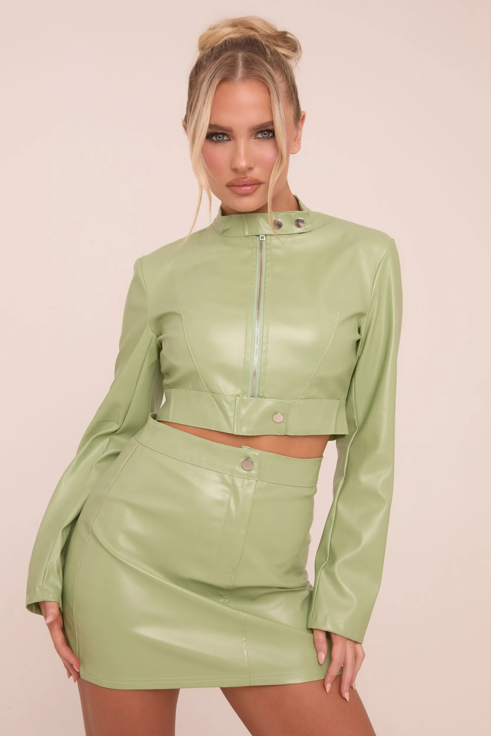 Sage Faux Leather Zip Detail Top & Mini Skirt Co-ord Set - Dora sold by Rebellious Fashion product image thumbnail 5